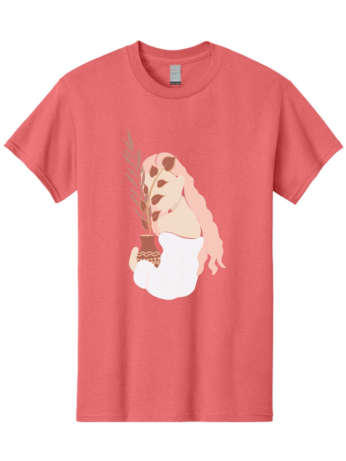 Lady-With-Pot Men'S Graphic Tee, 100% Cotton, Comfortable Casual Summer Wear, Machine Washable, Woman Holding A Plant, Brown Leaves, Decorative Vase, Wavy Hair, Elegant Pose, Minimalist Art, Simple Shapes, Soft Colors, Peaceful Ambiance, Aae026 5