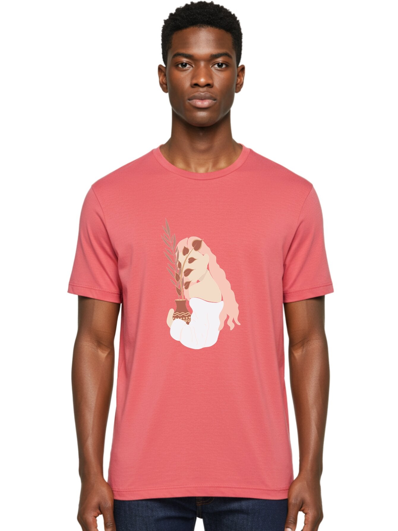 Lady-With-Pot Men'S Graphic Tee, 100% Cotton, Comfortable Casual Summer Wear, Machine Washable, Woman Holding A Plant, Brown Leaves, Decorative Vase, Wavy Hair, Elegant Pose, Minimalist Art, Simple Shapes, Soft Colors, Peaceful Ambiance, Aae026 23