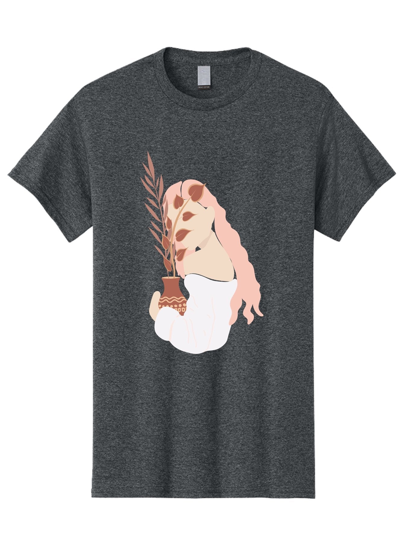 Lady-With-Pot Men'S Graphic Tee, 100% Cotton, Comfortable Casual Summer Wear, Machine Washable, Woman Holding A Plant, Brown Leaves, Decorative Vase, Wavy Hair, Elegant Pose, Minimalist Art, Simple Shapes, Soft Colors, Peaceful Ambiance, Aae026