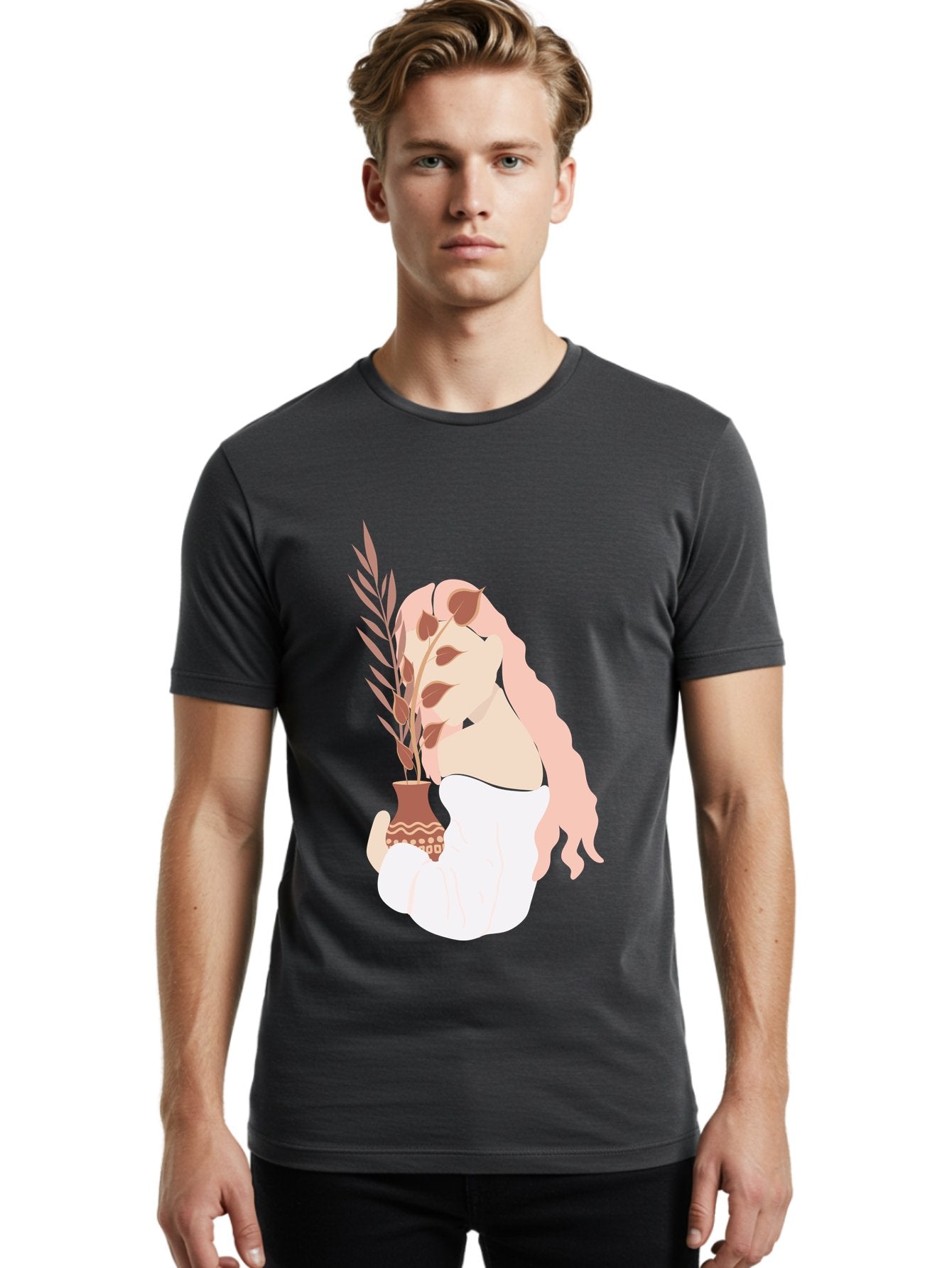 Lady-With-Pot Men'S Graphic Tee, 100% Cotton, Comfortable Casual Summer Wear, Machine Washable, Woman Holding A Plant, Brown Leaves, Decorative Vase, Wavy Hair, Elegant Pose, Minimalist Art, Simple Shapes, Soft Colors, Peaceful Ambiance, Aae026 21