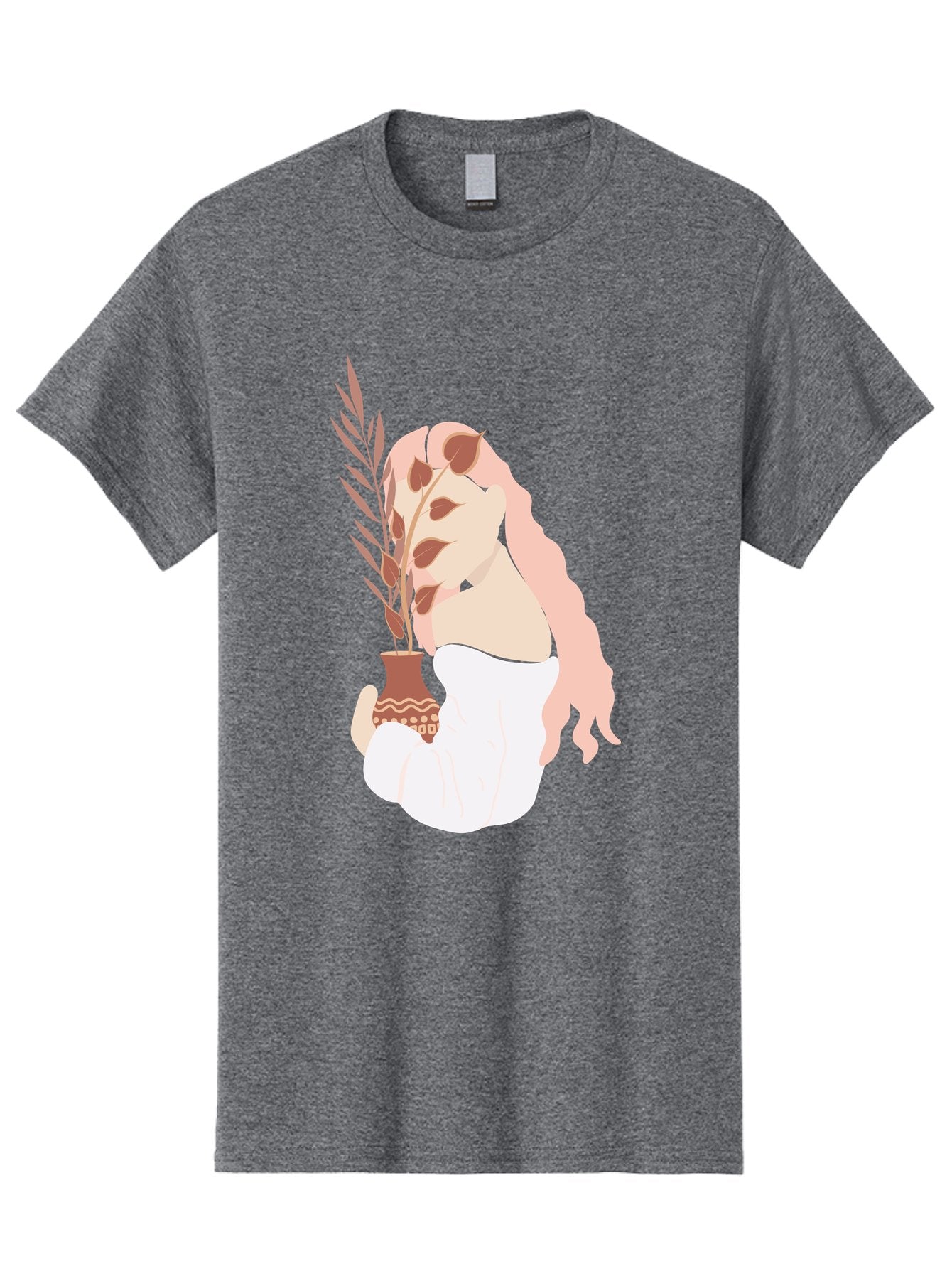 Lady-With-Pot Men'S Graphic Tee, 100% Cotton, Comfortable Casual Summer Wear, Machine Washable, Woman Holding A Plant, Brown Leaves, Decorative Vase, Wavy Hair, Elegant Pose, Minimalist Art, Simple Shapes, Soft Colors, Peaceful Ambiance, Aae026 13