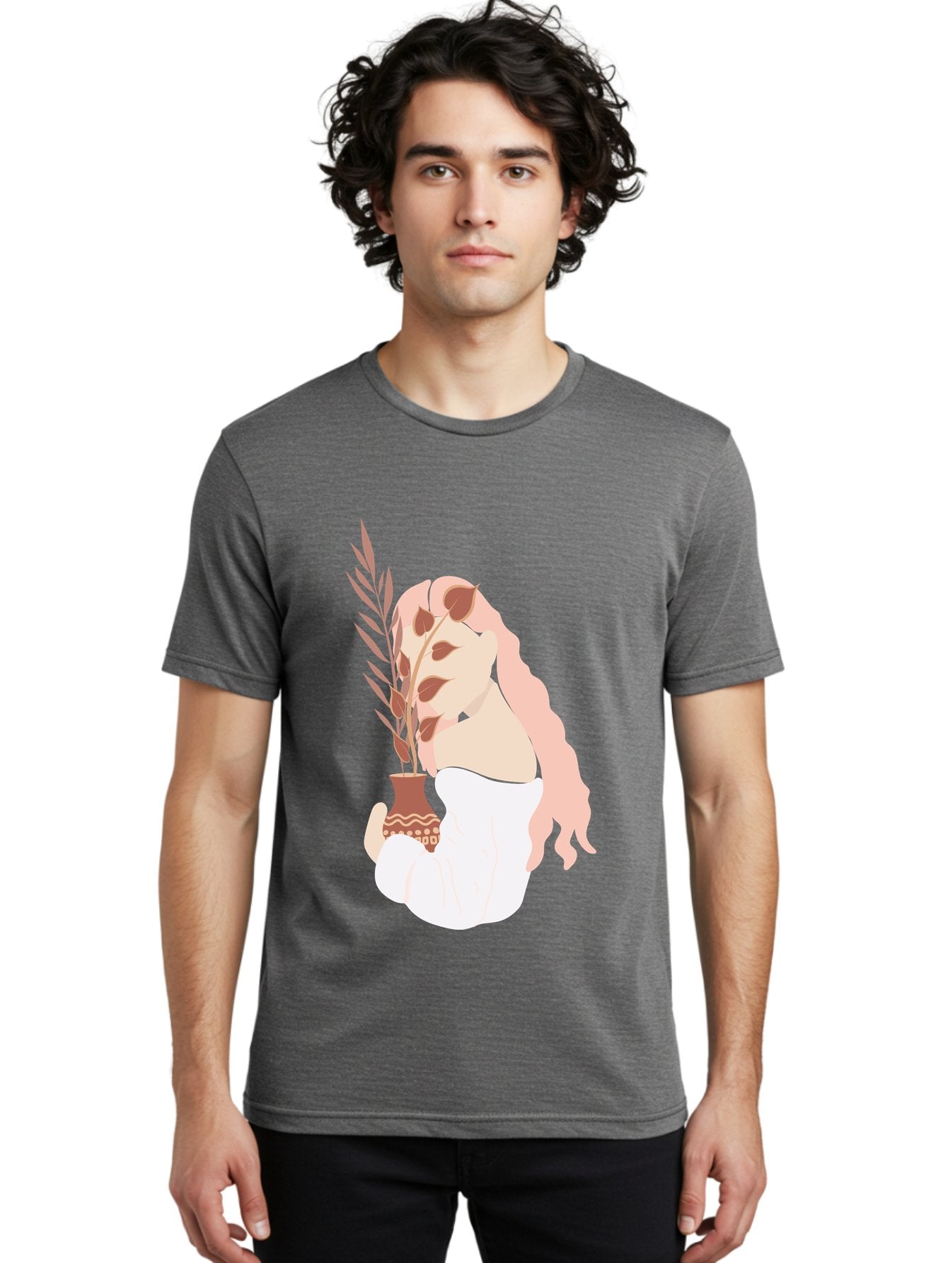 Lady-With-Pot Men'S Graphic Tee, 100% Cotton, Comfortable Casual Summer Wear, Machine Washable, Woman Holding A Plant, Brown Leaves, Decorative Vase, Wavy Hair, Elegant Pose, Minimalist Art, Simple Shapes, Soft Colors, Peaceful Ambiance, Aae026 20