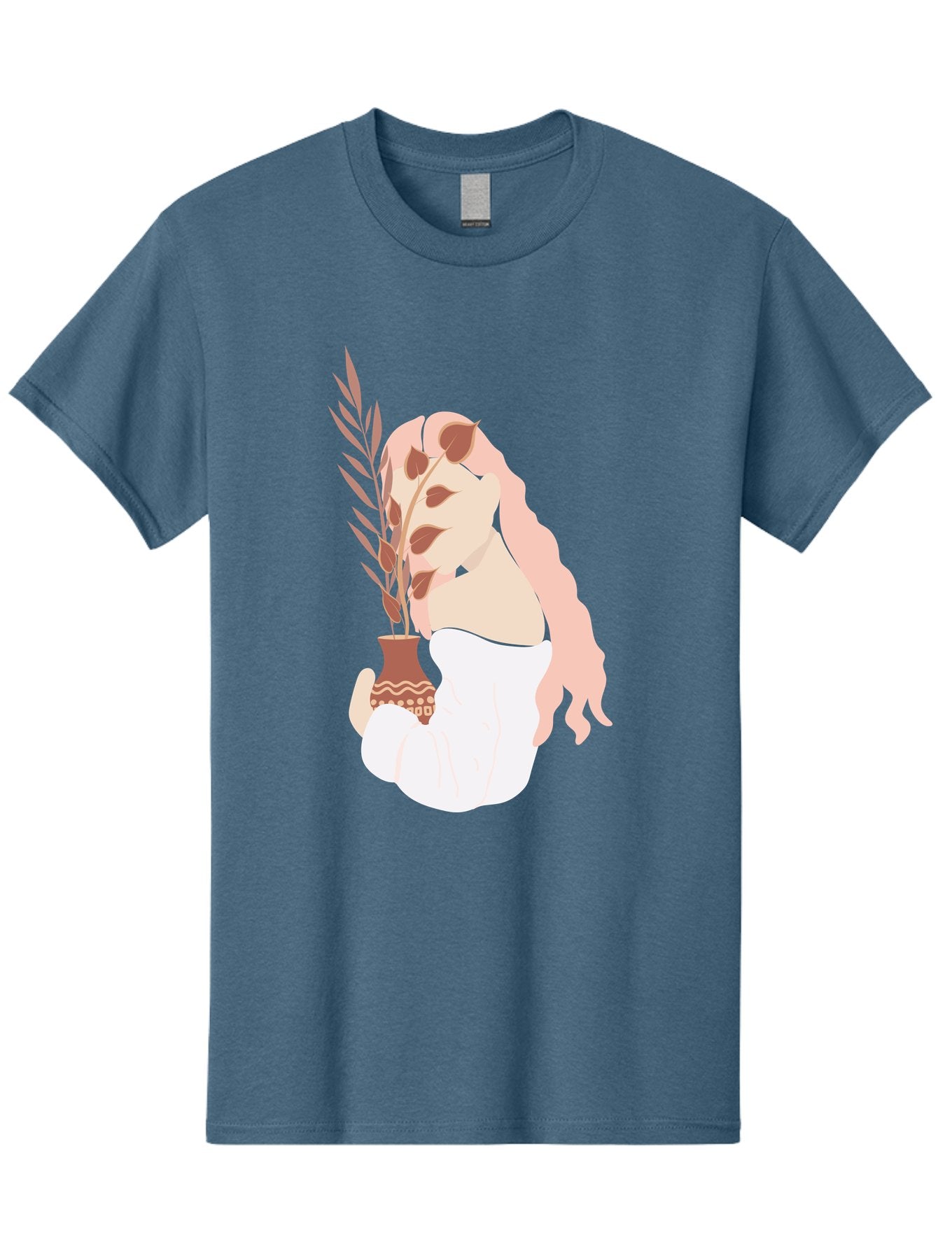 Lady-With-Pot Men'S Graphic Tee, 100% Cotton, Comfortable Casual Summer Wear, Machine Washable, Woman Holding A Plant, Brown Leaves, Decorative Vase, Wavy Hair, Elegant Pose, Minimalist Art, Simple Shapes, Soft Colors, Peaceful Ambiance, Aae026