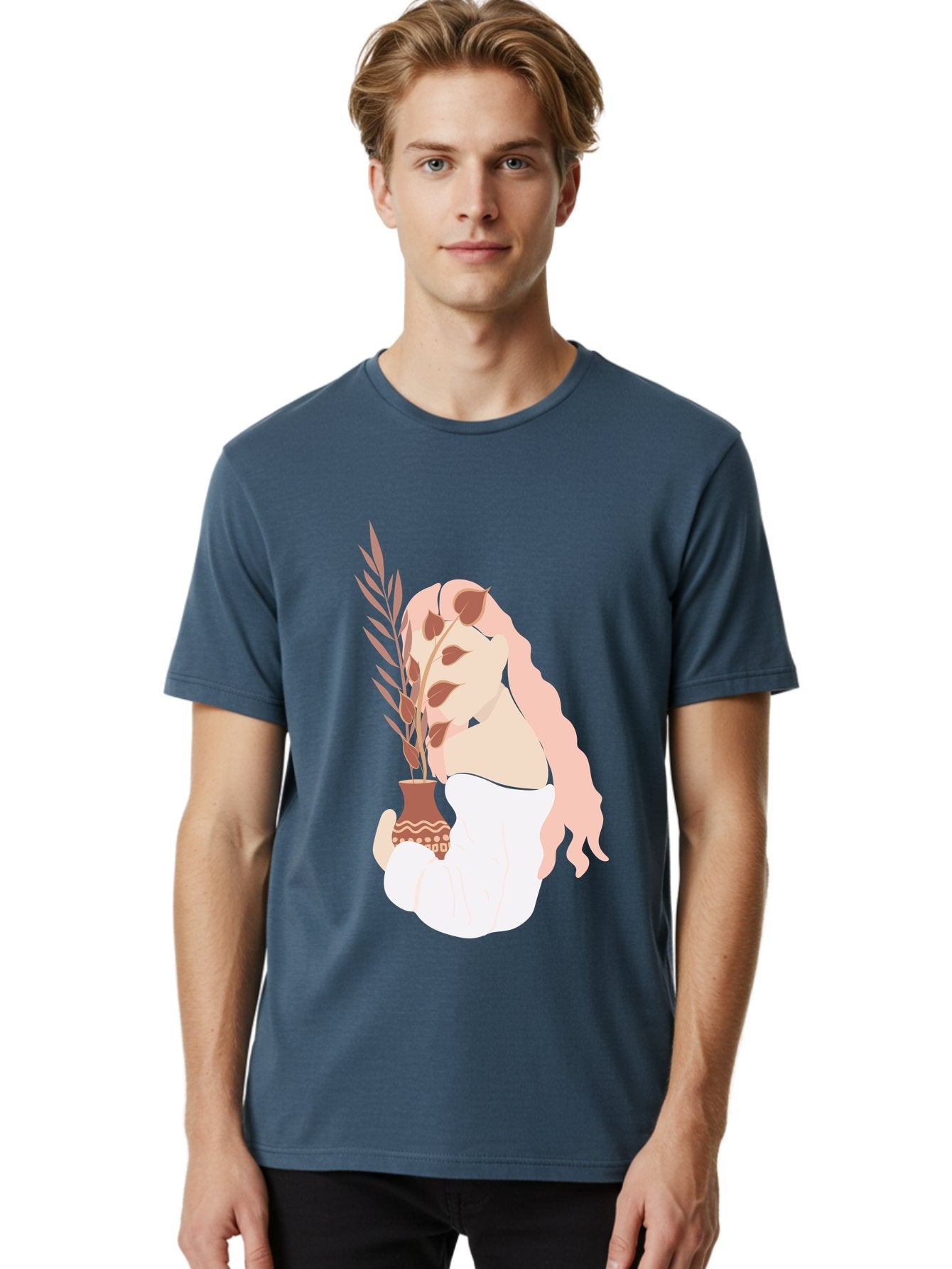 Lady-With-Pot Men'S Graphic Tee, 100% Cotton, Comfortable Casual Summer Wear, Machine Washable, Woman Holding A Plant, Brown Leaves, Decorative Vase, Wavy Hair, Elegant Pose, Minimalist Art, Simple Shapes, Soft Colors, Peaceful Ambiance, Aae026 19
