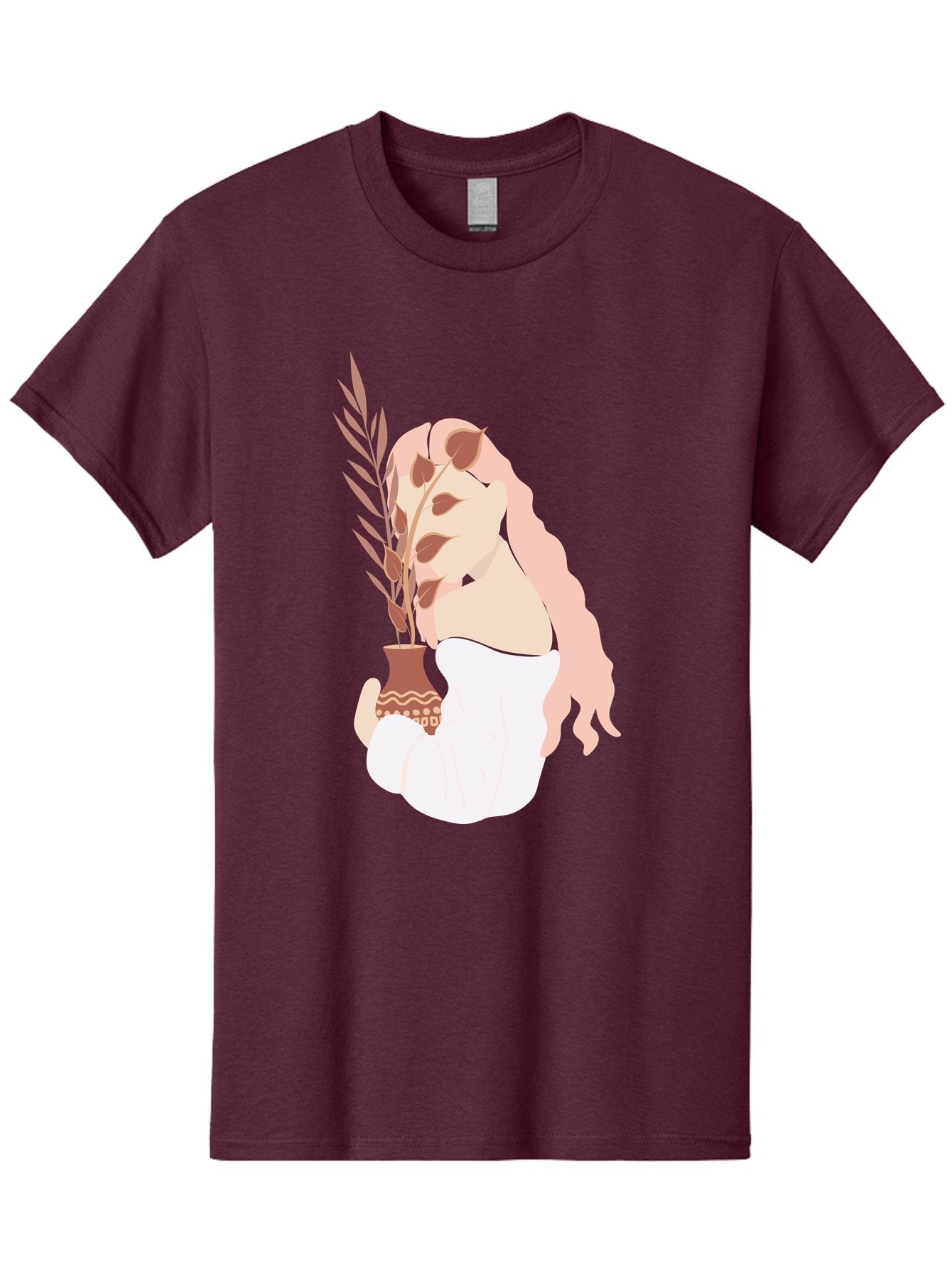 Lady-With-Pot Men'S Graphic Tee, 100% Cotton, Comfortable Casual Summer Wear, Machine Washable, Woman Holding A Plant, Brown Leaves, Decorative Vase, Wavy Hair, Elegant Pose, Minimalist Art, Simple Shapes, Soft Colors, Peaceful Ambiance, Aae026 12