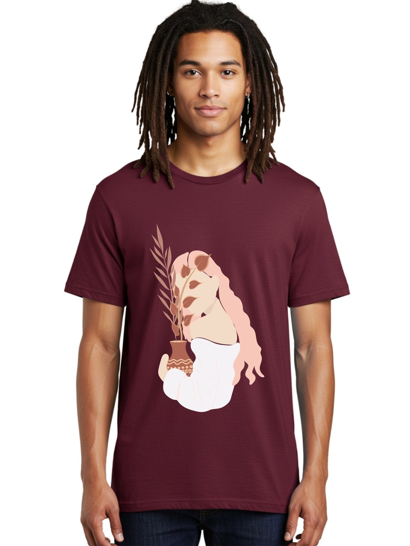 Lady-With-Pot Men'S Graphic Tee, 100% Cotton, Comfortable Casual Summer Wear, Machine Washable, Woman Holding A Plant, Brown Leaves, Decorative Vase, Wavy Hair, Elegant Pose, Minimalist Art, Simple Shapes, Soft Colors, Peaceful Ambiance, Aae026 28