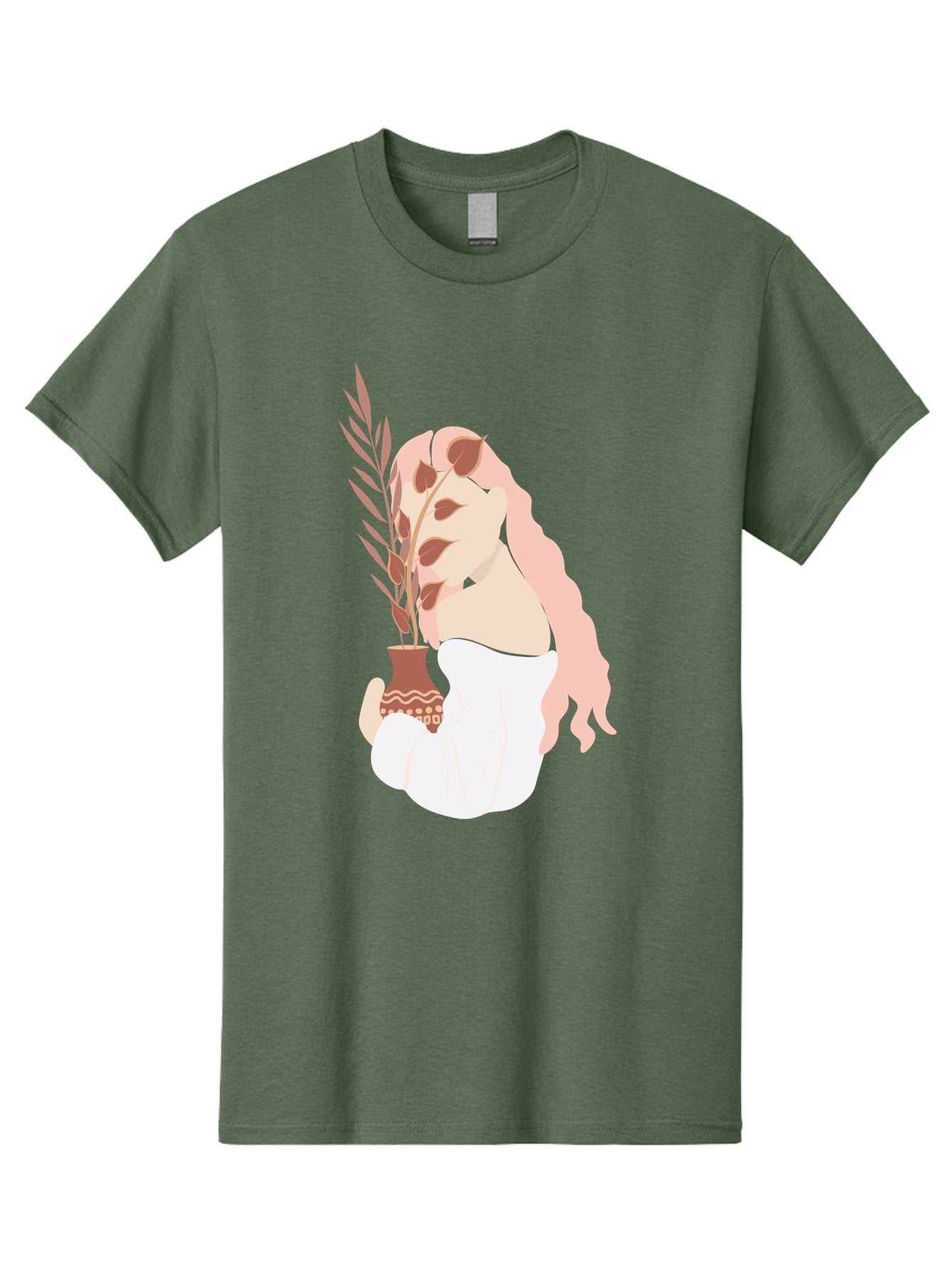 Lady-With-Pot Men'S Graphic Tee, 100% Cotton, Comfortable Casual Summer Wear, Machine Washable, Woman Holding A Plant, Brown Leaves, Decorative Vase, Wavy Hair, Elegant Pose, Minimalist Art, Simple Shapes, Soft Colors, Peaceful Ambiance, Aae026 14