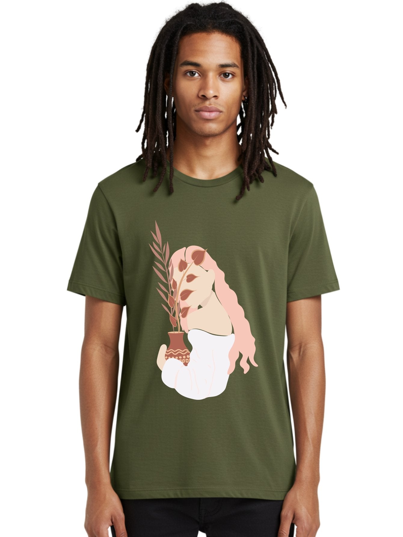 Lady-With-Pot Men'S Graphic Tee, 100% Cotton, Comfortable Casual Summer Wear, Machine Washable, Woman Holding A Plant, Brown Leaves, Decorative Vase, Wavy Hair, Elegant Pose, Minimalist Art, Simple Shapes, Soft Colors, Peaceful Ambiance, Aae026 29