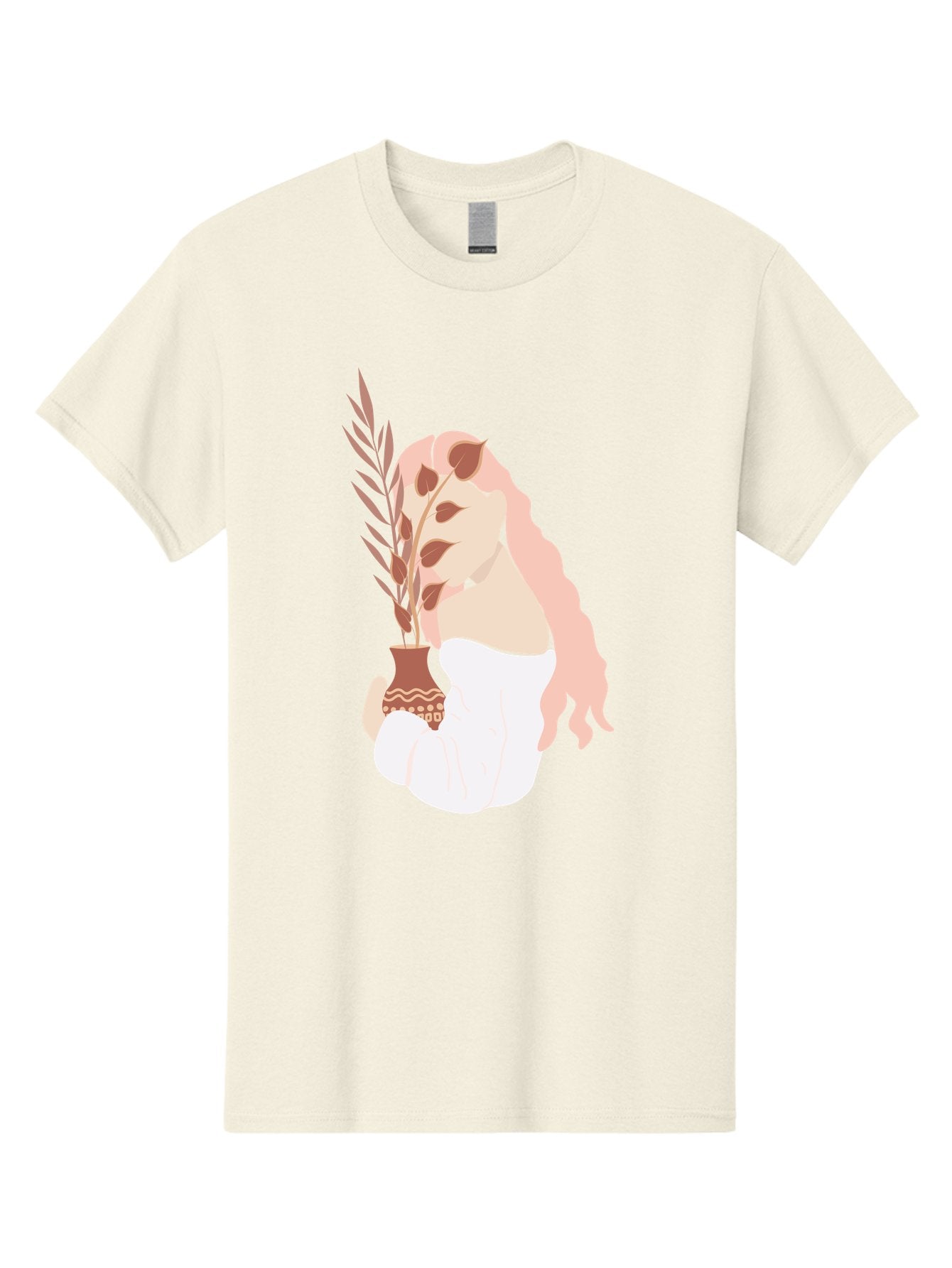 Lady-With-Pot Men'S Graphic Tee, 100% Cotton, Comfortable Casual Summer Wear, Machine Washable, Woman Holding A Plant, Brown Leaves, Decorative Vase, Wavy Hair, Elegant Pose, Minimalist Art, Simple Shapes, Soft Colors, Peaceful Ambiance, Aae026 3