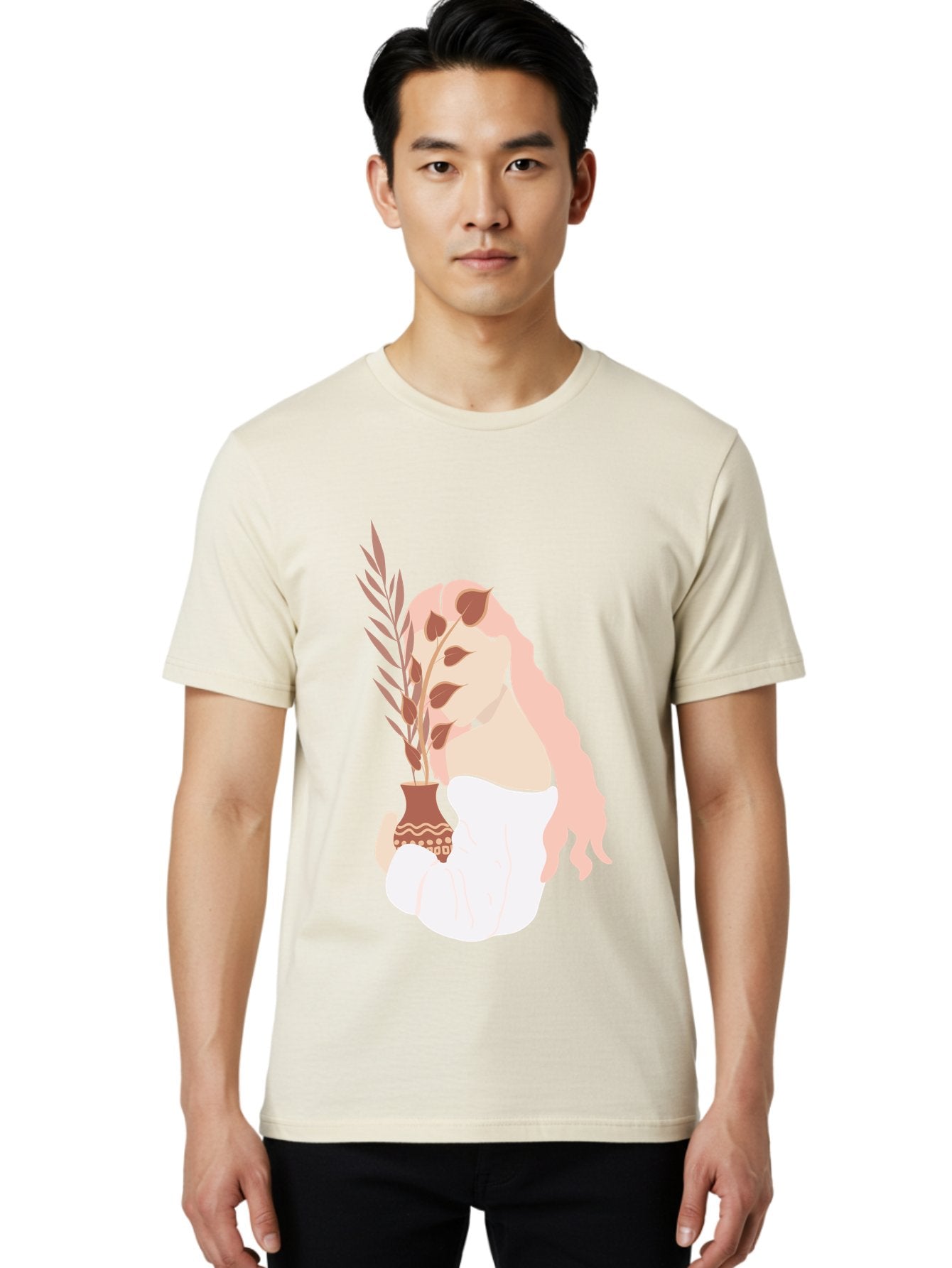 Lady-With-Pot Men'S Graphic Tee, 100% Cotton, Comfortable Casual Summer Wear, Machine Washable, Woman Holding A Plant, Brown Leaves, Decorative Vase, Wavy Hair, Elegant Pose, Minimalist Art, Simple Shapes, Soft Colors, Peaceful Ambiance, Aae026 22