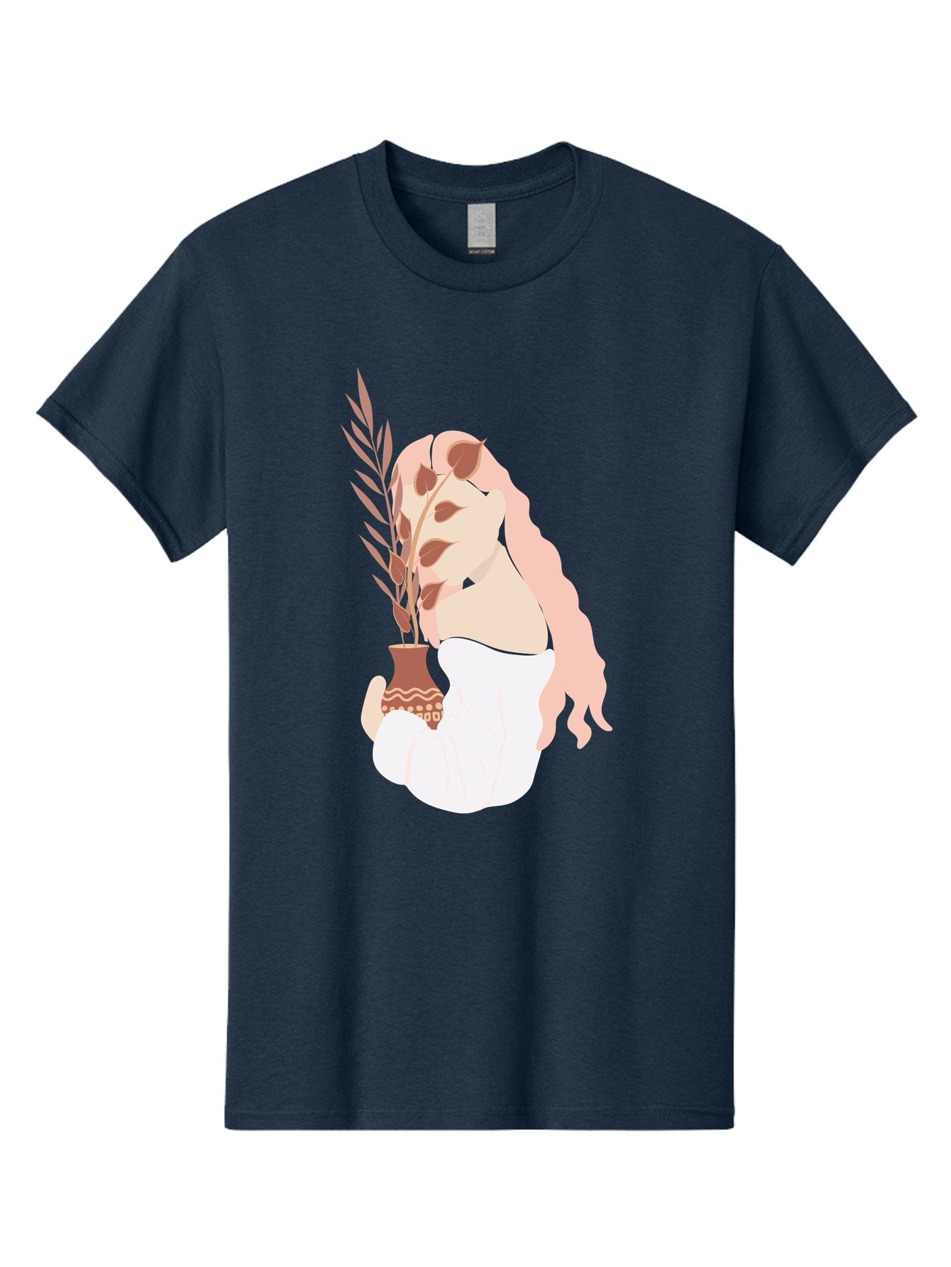 Lady-With-Pot Men'S Graphic Tee, 100% Cotton, Comfortable Casual Summer Wear, Machine Washable, Woman Holding A Plant, Brown Leaves, Decorative Vase, Wavy Hair, Elegant Pose, Minimalist Art, Simple Shapes, Soft Colors, Peaceful Ambiance, Aae026 9