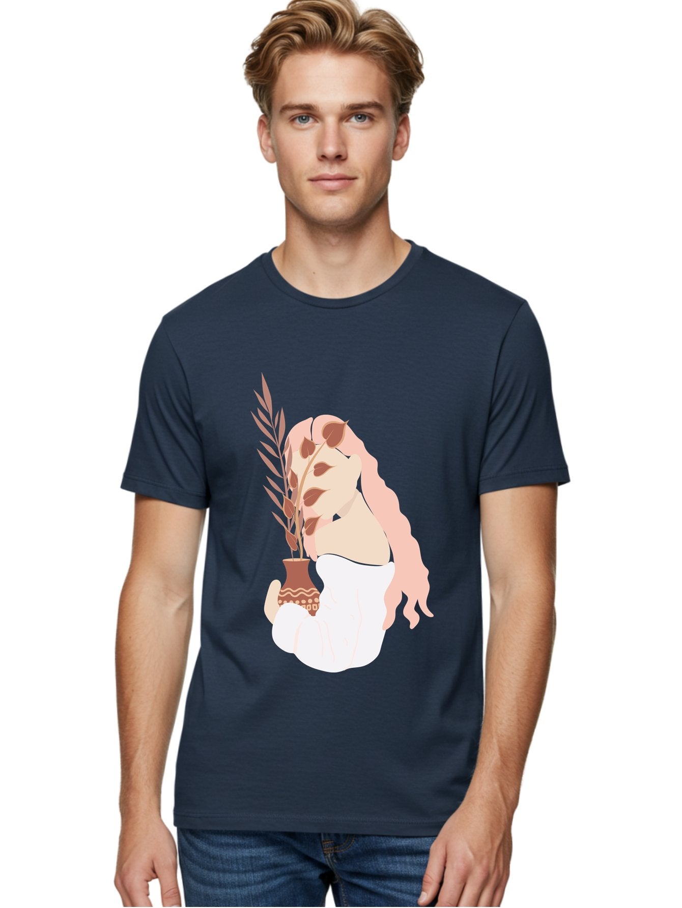 Lady-With-Pot Men'S Graphic Tee, 100% Cotton, Comfortable Casual Summer Wear, Machine Washable, Woman Holding A Plant, Brown Leaves, Decorative Vase, Wavy Hair, Elegant Pose, Minimalist Art, Simple Shapes, Soft Colors, Peaceful Ambiance, Aae026 26