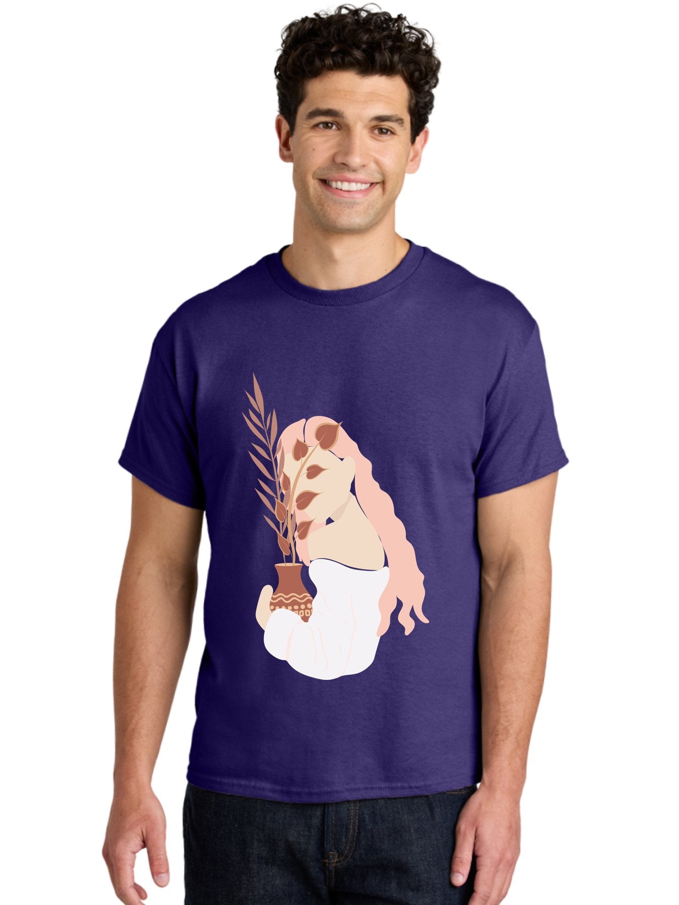 Lady-With-Pot Men'S Graphic Tee, 100% Cotton, Comfortable Casual Summer Wear, Machine Washable, Woman Holding A Plant, Brown Leaves, Decorative Vase, Wavy Hair, Elegant Pose, Minimalist Art, Simple Shapes, Soft Colors, Peaceful Ambiance, Aae026 25