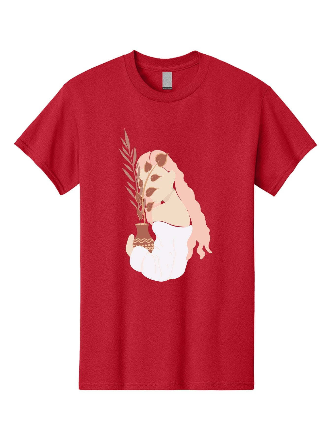 Lady-With-Pot Men'S Graphic Tee, 100% Cotton, Comfortable Casual Summer Wear, Machine Washable, Woman Holding A Plant, Brown Leaves, Decorative Vase, Wavy Hair, Elegant Pose, Minimalist Art, Simple Shapes, Soft Colors, Peaceful Ambiance, Aae026 10