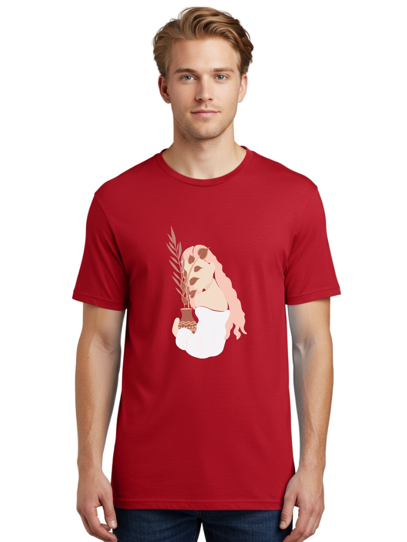 Lady-With-Pot Men'S Graphic Tee, 100% Cotton, Comfortable Casual Summer Wear, Machine Washable, Woman Holding A Plant, Brown Leaves, Decorative Vase, Wavy Hair, Elegant Pose, Minimalist Art, Simple Shapes, Soft Colors, Peaceful Ambiance, Aae026 17