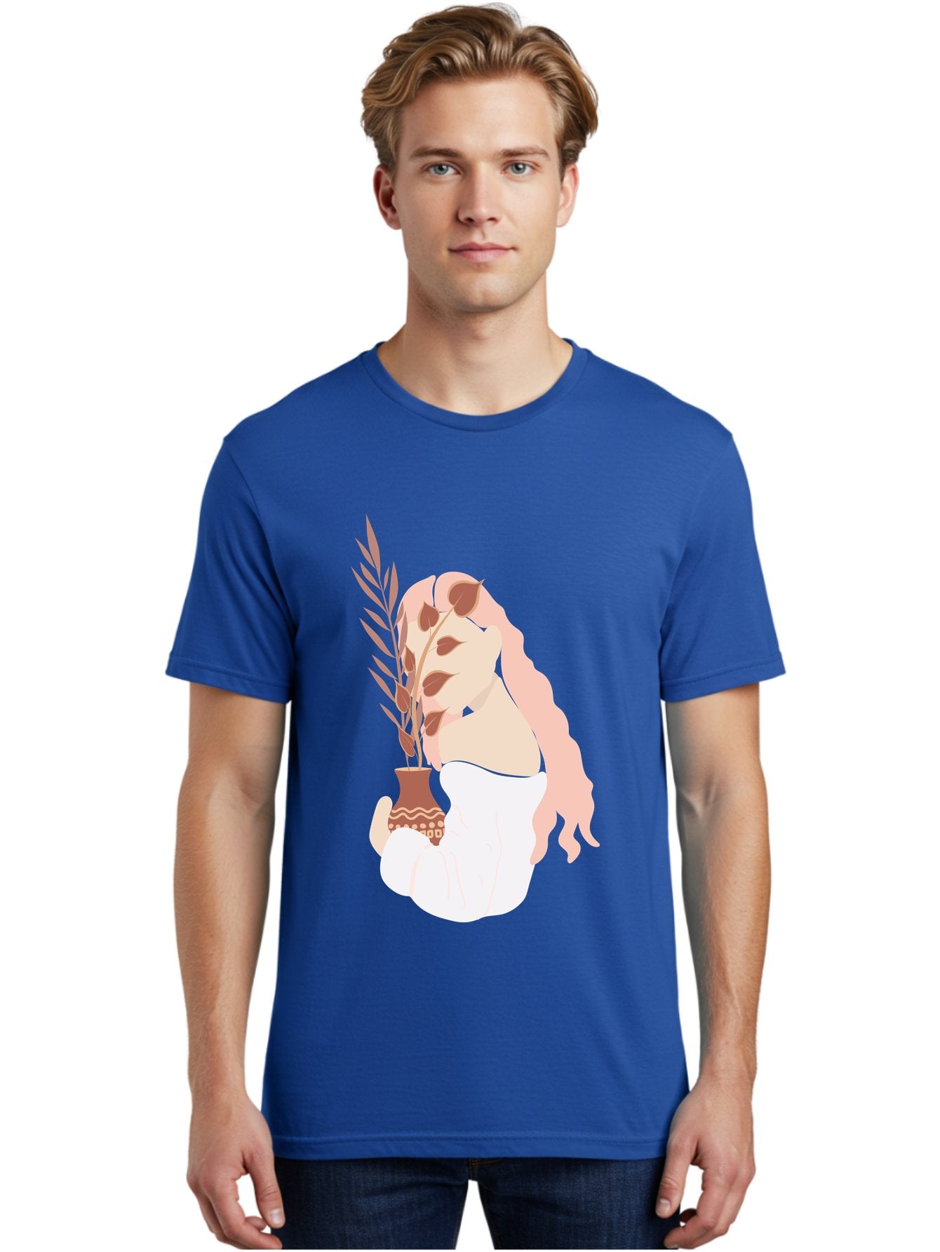 Lady-With-Pot Men'S Graphic Tee, 100% Cotton, Comfortable Casual Summer Wear, Machine Washable, Woman Holding A Plant, Brown Leaves, Decorative Vase, Wavy Hair, Elegant Pose, Minimalist Art, Simple Shapes, Soft Colors, Peaceful Ambiance, Aae026 18