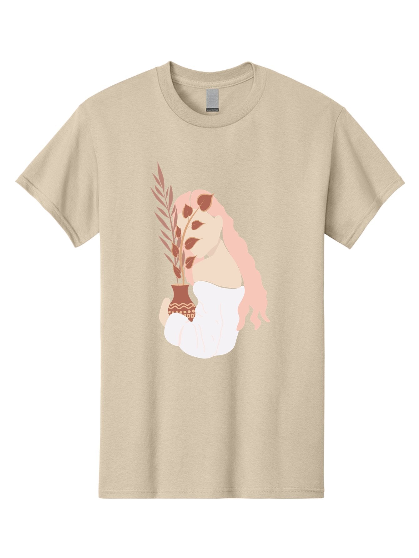 Lady-With-Pot Men'S Graphic Tee, 100% Cotton, Comfortable Casual Summer Wear, Machine Washable, Woman Holding A Plant, Brown Leaves, Decorative Vase, Wavy Hair, Elegant Pose, Minimalist Art, Simple Shapes, Soft Colors, Peaceful Ambiance, Aae026 6