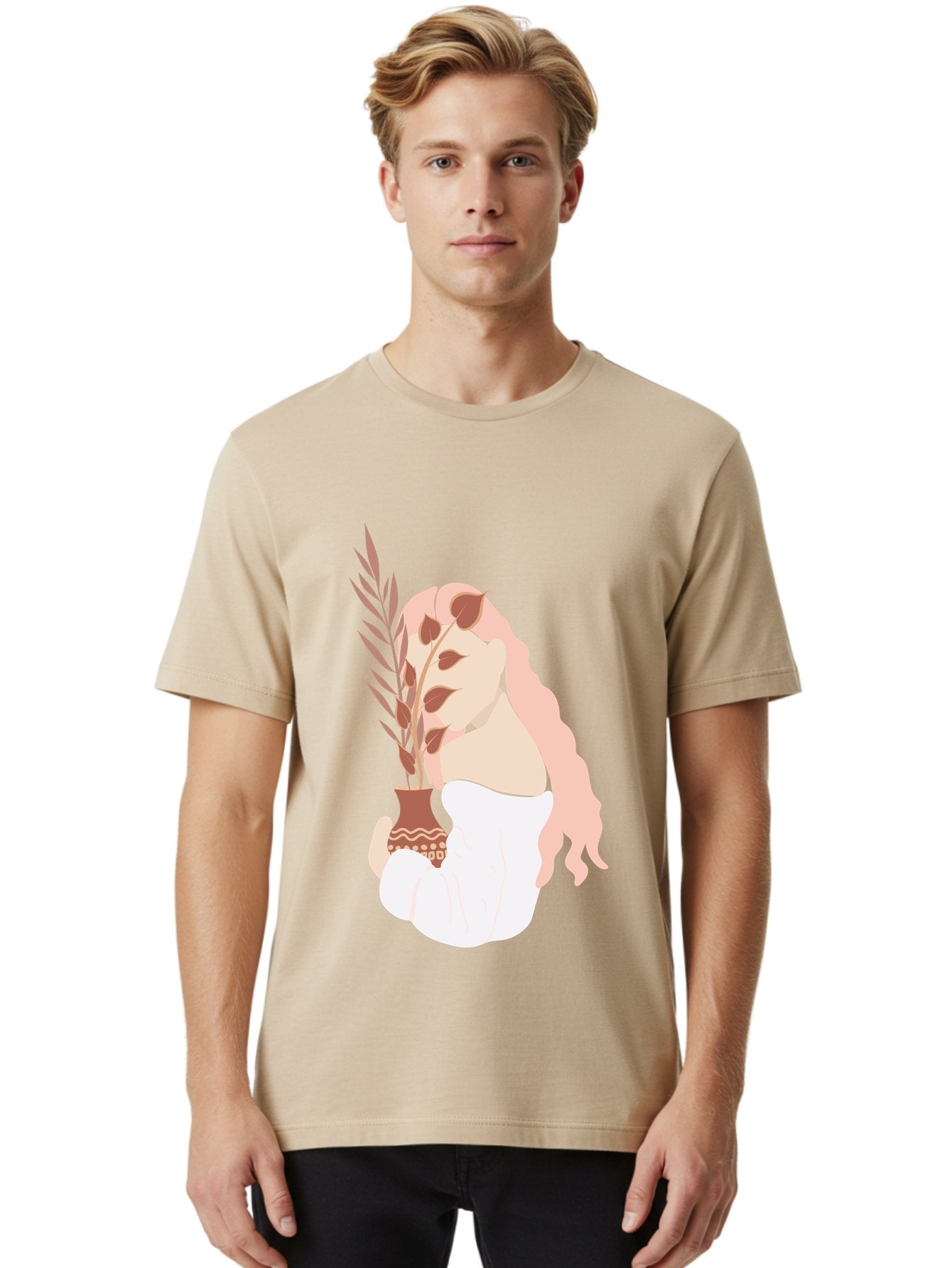 Lady-With-Pot Men'S Graphic Tee, 100% Cotton, Comfortable Casual Summer Wear, Machine Washable, Woman Holding A Plant, Brown Leaves, Decorative Vase, Wavy Hair, Elegant Pose, Minimalist Art, Simple Shapes, Soft Colors, Peaceful Ambiance, Aae026 24