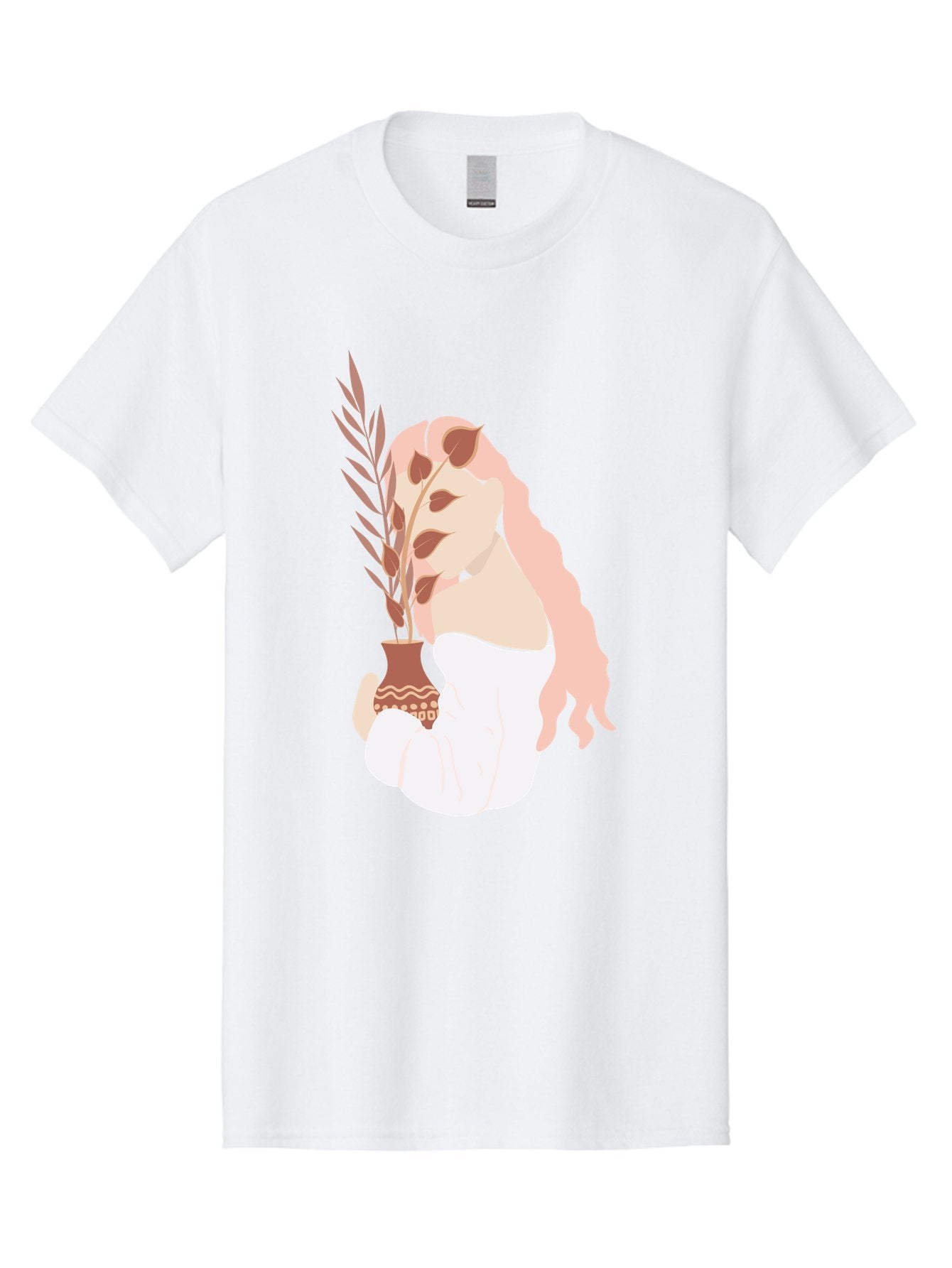 Lady-With-Pot Men'S Graphic Tee, 100% Cotton, Comfortable Casual Summer Wear, Machine Washable, Woman Holding A Plant, Brown Leaves, Decorative Vase, Wavy Hair, Elegant Pose, Minimalist Art, Simple Shapes, Soft Colors, Peaceful Ambiance, Aae026 11