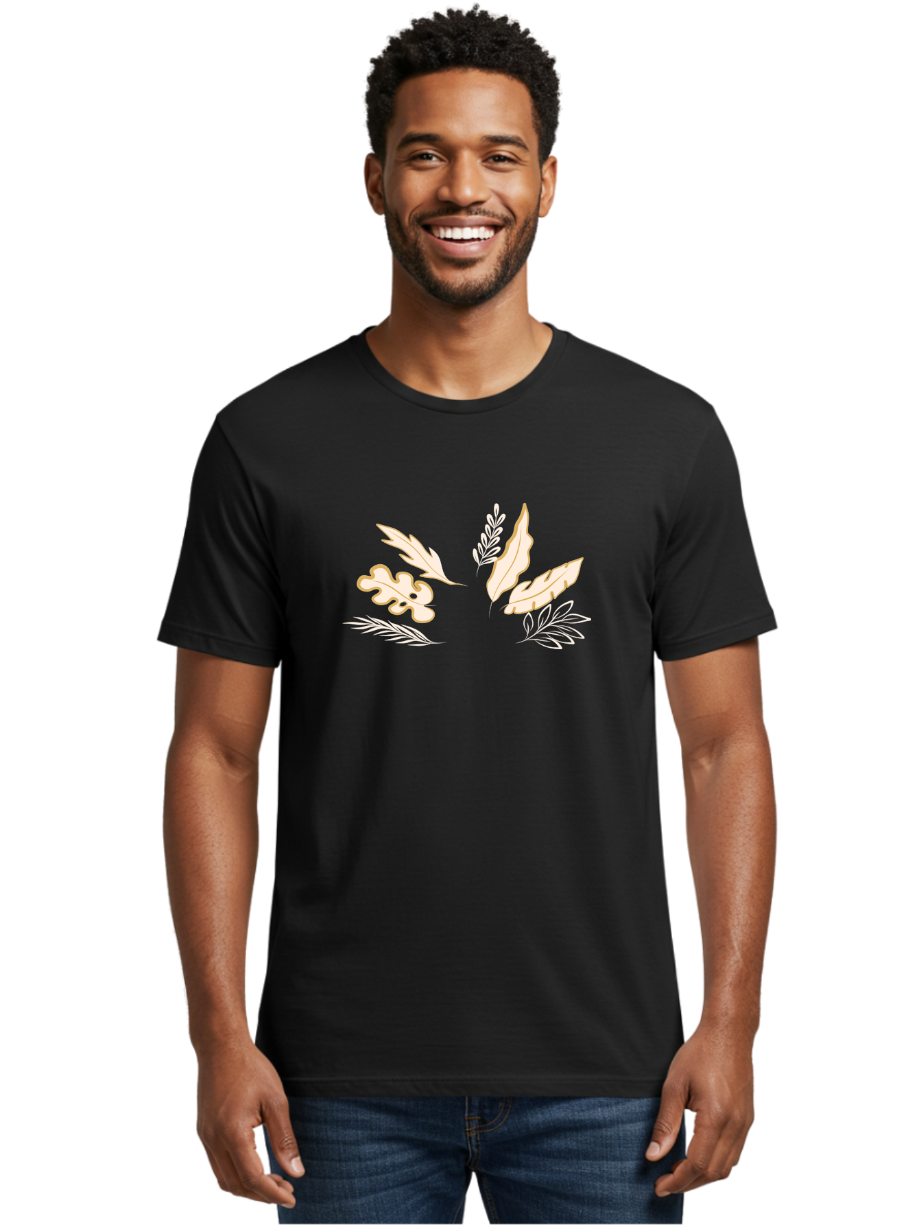 Leaves Men'S Graphic Tee, 100% Cotton, Comfortable Casual Summer Wear, Machine Washable, Illustrated Leaves, Leaf Designs, Foliage Art, Natural Elements, Botanical Graphics, Cream And White Leaves Aae027 10