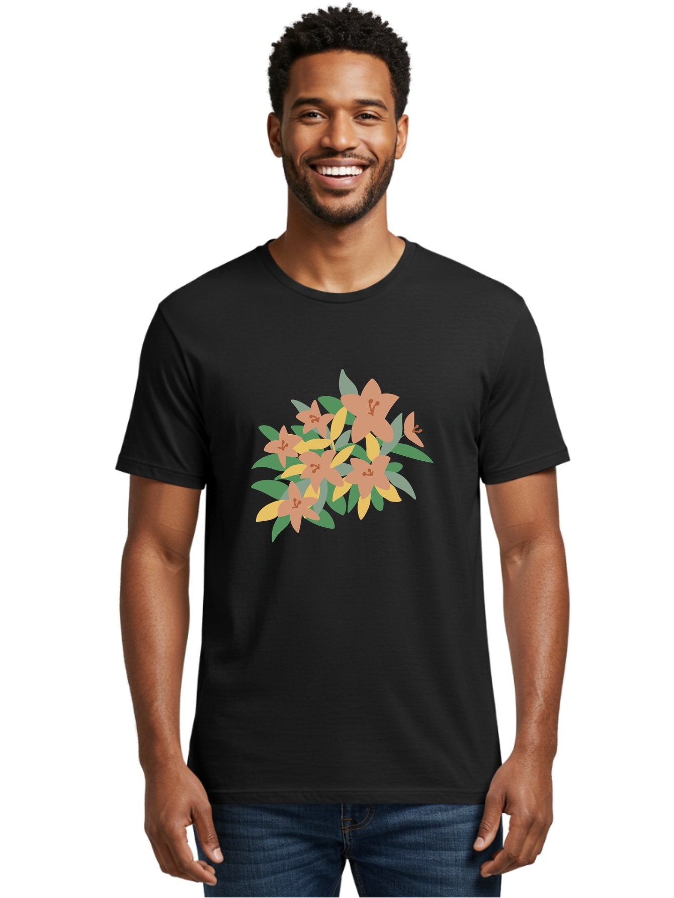 Lilies Men'S Graphic Tee, 100% Cotton, Comfortable Casual Summer Wear, Machine Washable, Lilies, Flowers, Floral Arrangement, Peach-Colored Blooms, Green Leaves, Yellow Petals, Simple Illustration, Stylized Artwork, Digital Art, Aae029 20