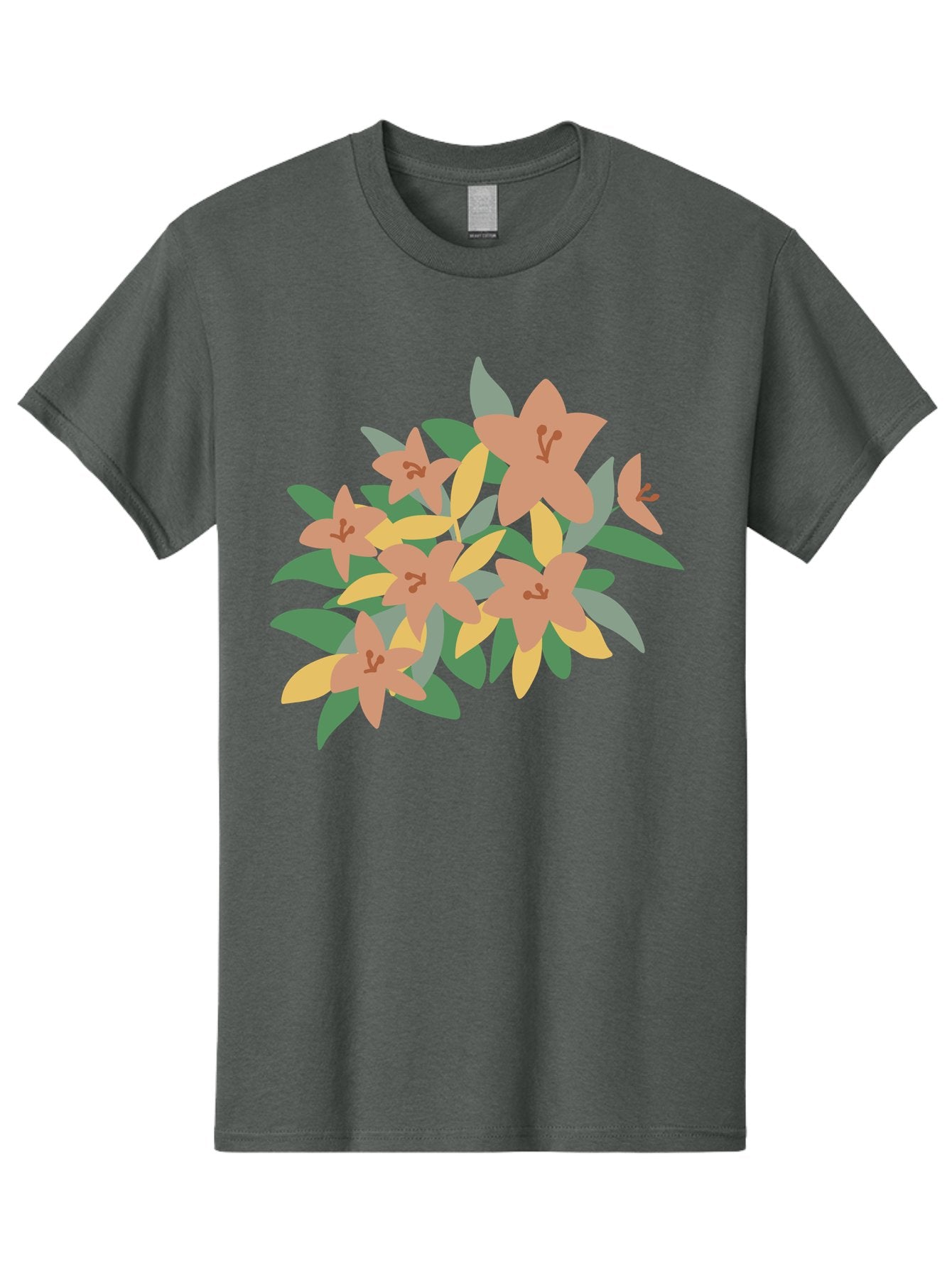 Lilies Men'S Graphic Tee, 100% Cotton, Comfortable Casual Summer Wear, Machine Washable, Lilies, Flowers, Floral Arrangement, Peach-Colored Blooms, Green Leaves, Yellow Petals, Simple Illustration, Stylized Artwork, Digital Art, Aae029 12
