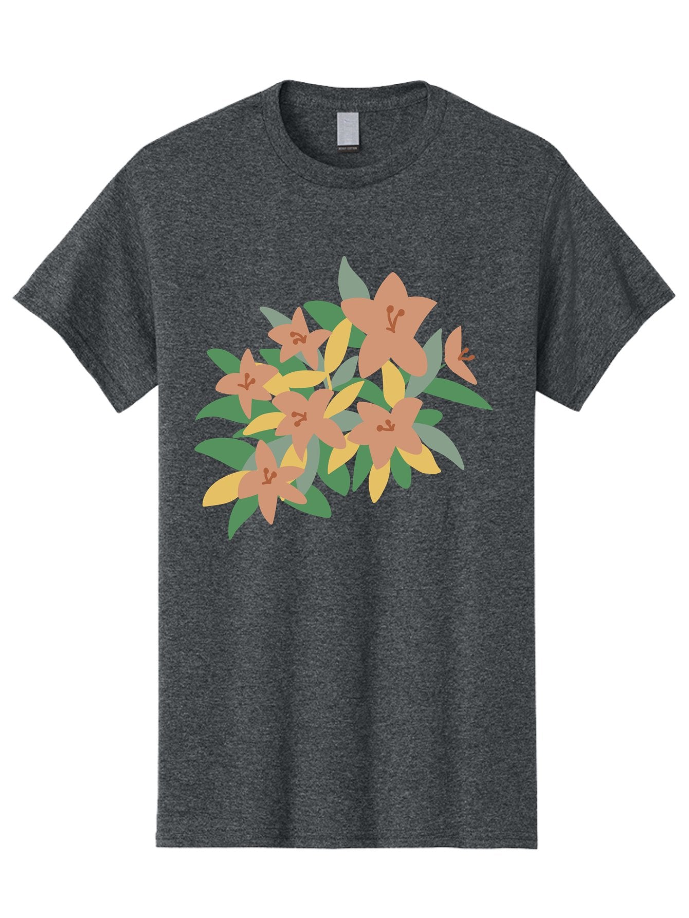 Lilies Men'S Graphic Tee, 100% Cotton, Comfortable Casual Summer Wear, Machine Washable, Lilies, Flowers, Floral Arrangement, Peach-Colored Blooms, Green Leaves, Yellow Petals, Simple Illustration, Stylized Artwork, Digital Art, Aae029 3
