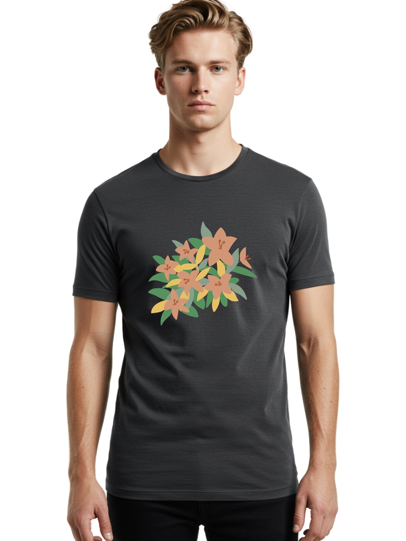 Lilies Men'S Graphic Tee, 100% Cotton, Comfortable Casual Summer Wear, Machine Washable, Lilies, Flowers, Floral Arrangement, Peach-Colored Blooms, Green Leaves, Yellow Petals, Simple Illustration, Stylized Artwork, Digital Art, Aae029 22