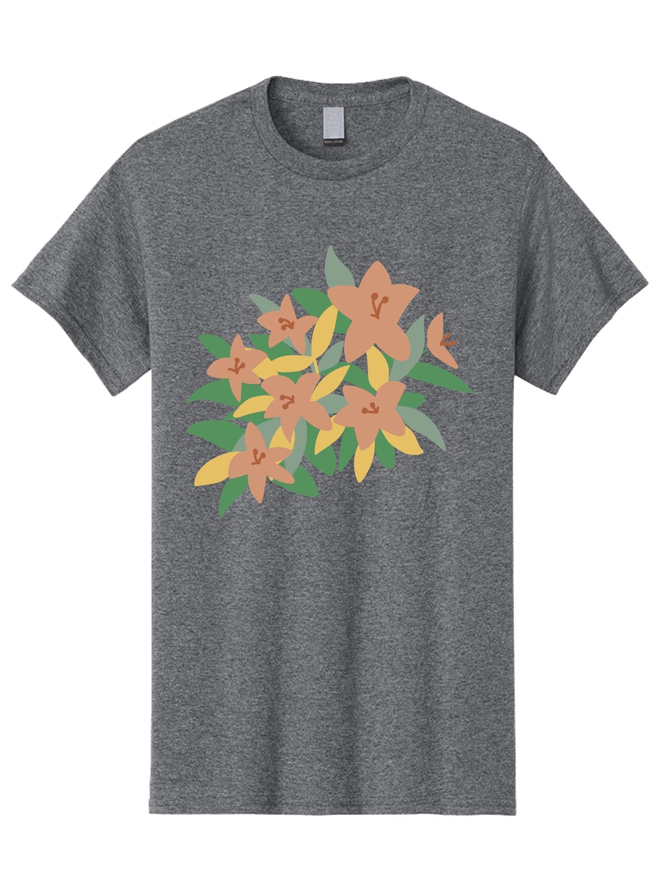 Lilies Men'S Graphic Tee, 100% Cotton, Comfortable Casual Summer Wear, Machine Washable, Lilies, Flowers, Floral Arrangement, Peach-Colored Blooms, Green Leaves, Yellow Petals, Simple Illustration, Stylized Artwork, Digital Art, Aae029 8
