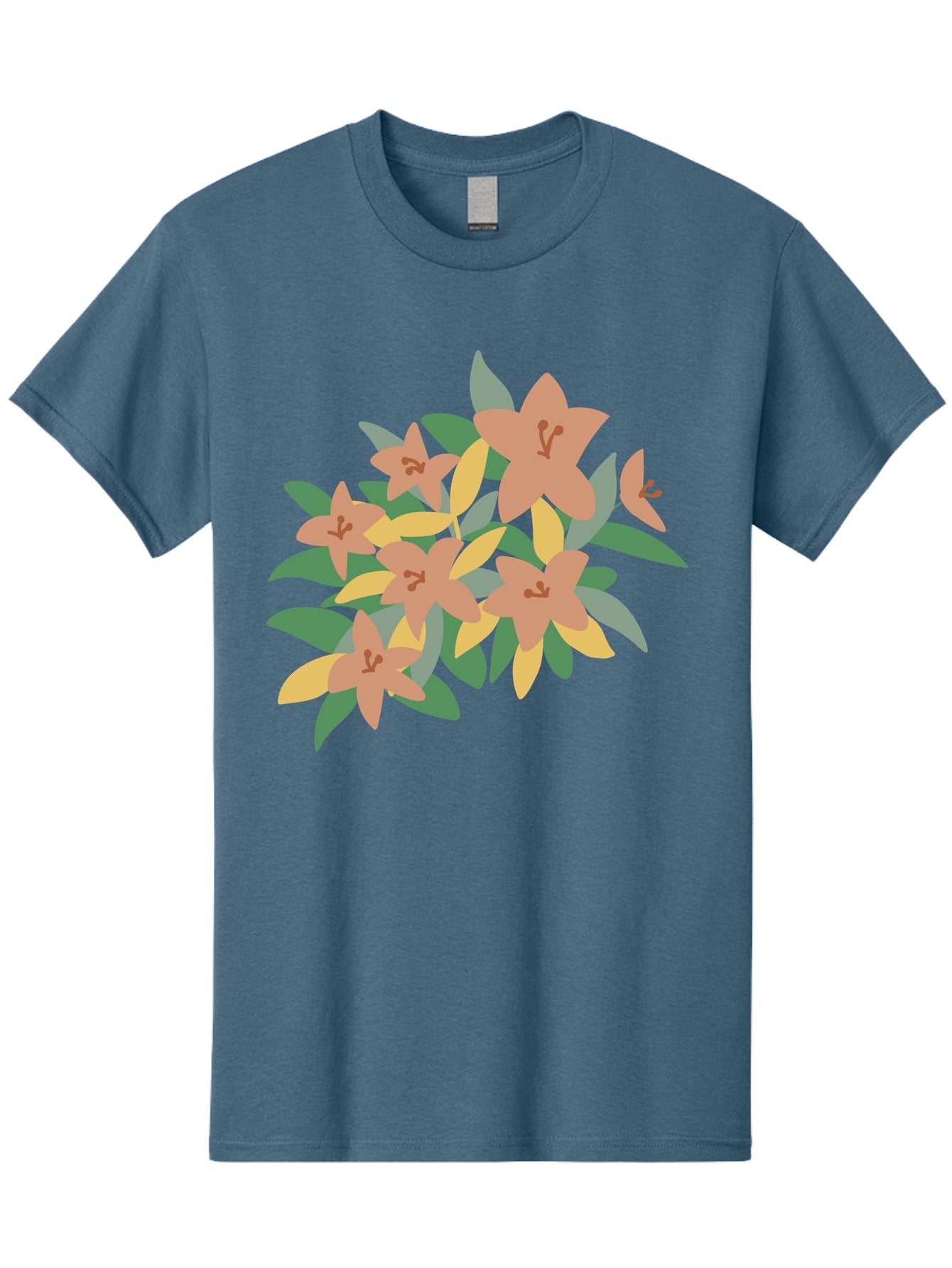 Lilies Men'S Graphic Tee, 100% Cotton, Comfortable Casual Summer Wear, Machine Washable, Lilies, Flowers, Floral Arrangement, Peach-Colored Blooms, Green Leaves, Yellow Petals, Simple Illustration, Stylized Artwork, Digital Art, Aae029 7