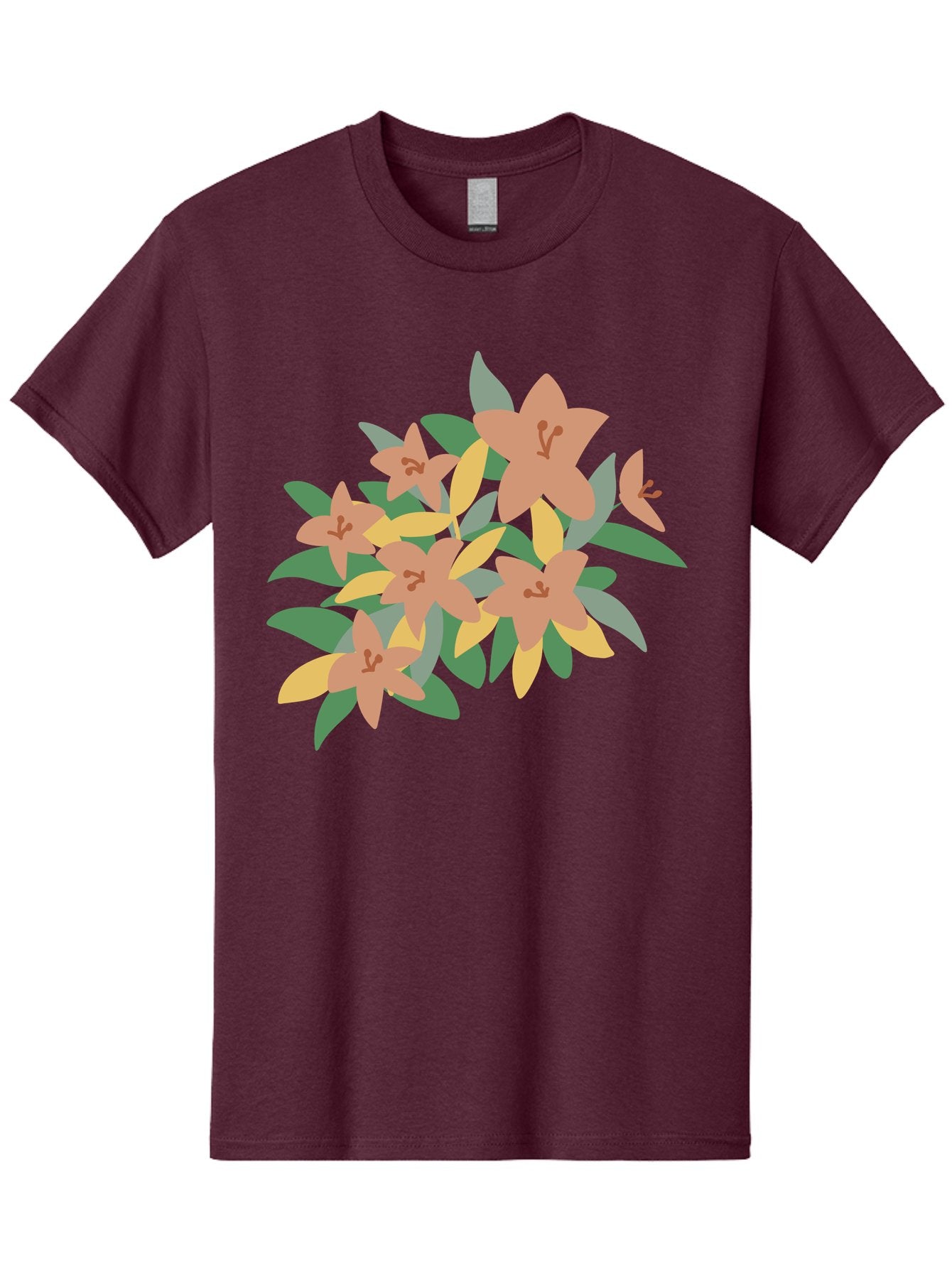 Lilies Men'S Graphic Tee, 100% Cotton, Comfortable Casual Summer Wear, Machine Washable, Lilies, Flowers, Floral Arrangement, Peach-Colored Blooms, Green Leaves, Yellow Petals, Simple Illustration, Stylized Artwork, Digital Art, Aae029 10