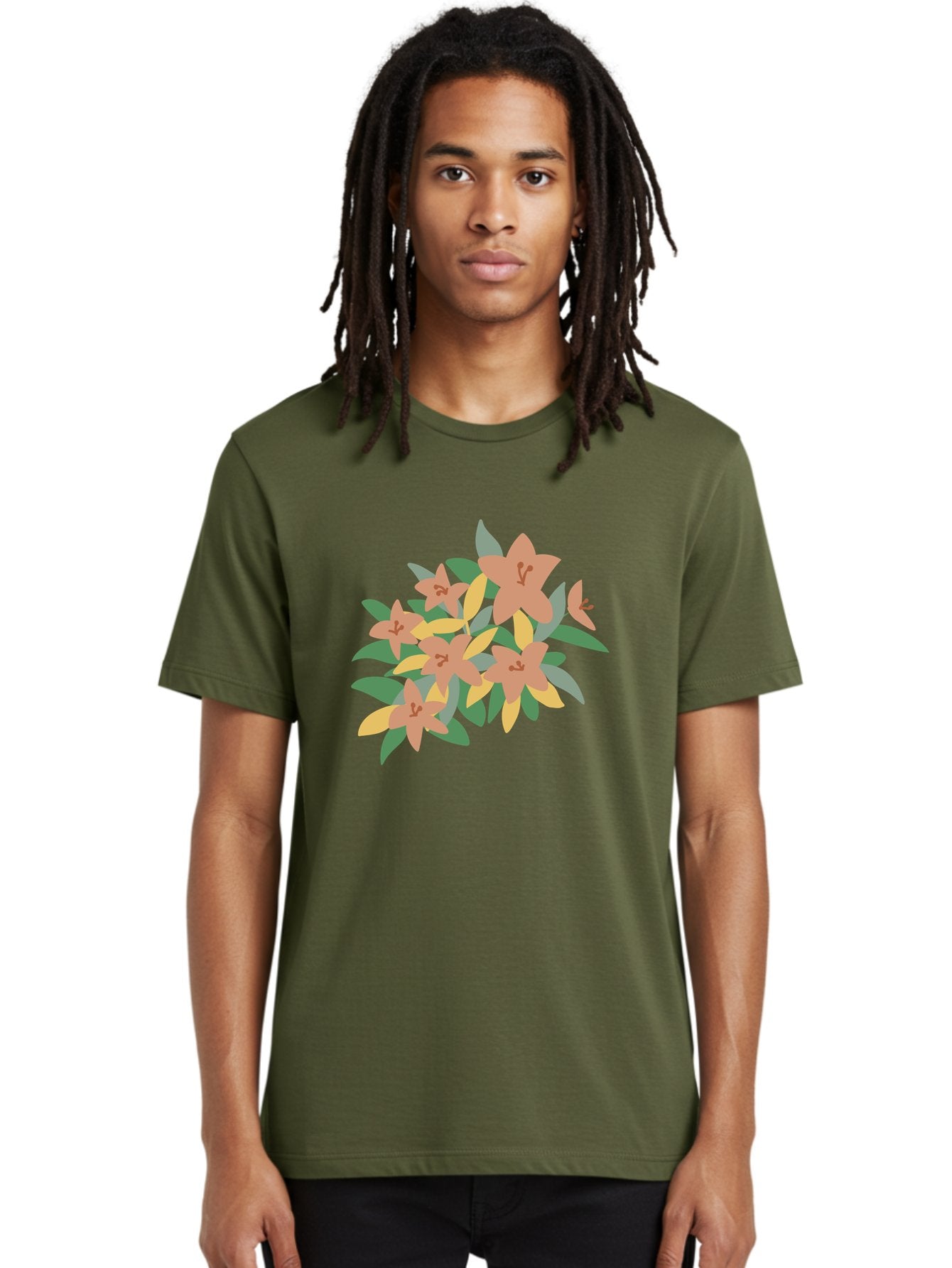 Lilies Men'S Graphic Tee, 100% Cotton, Comfortable Casual Summer Wear, Machine Washable, Lilies, Flowers, Floral Arrangement, Peach-Colored Blooms, Green Leaves, Yellow Petals, Simple Illustration, Stylized Artwork, Digital Art, Aae029 18