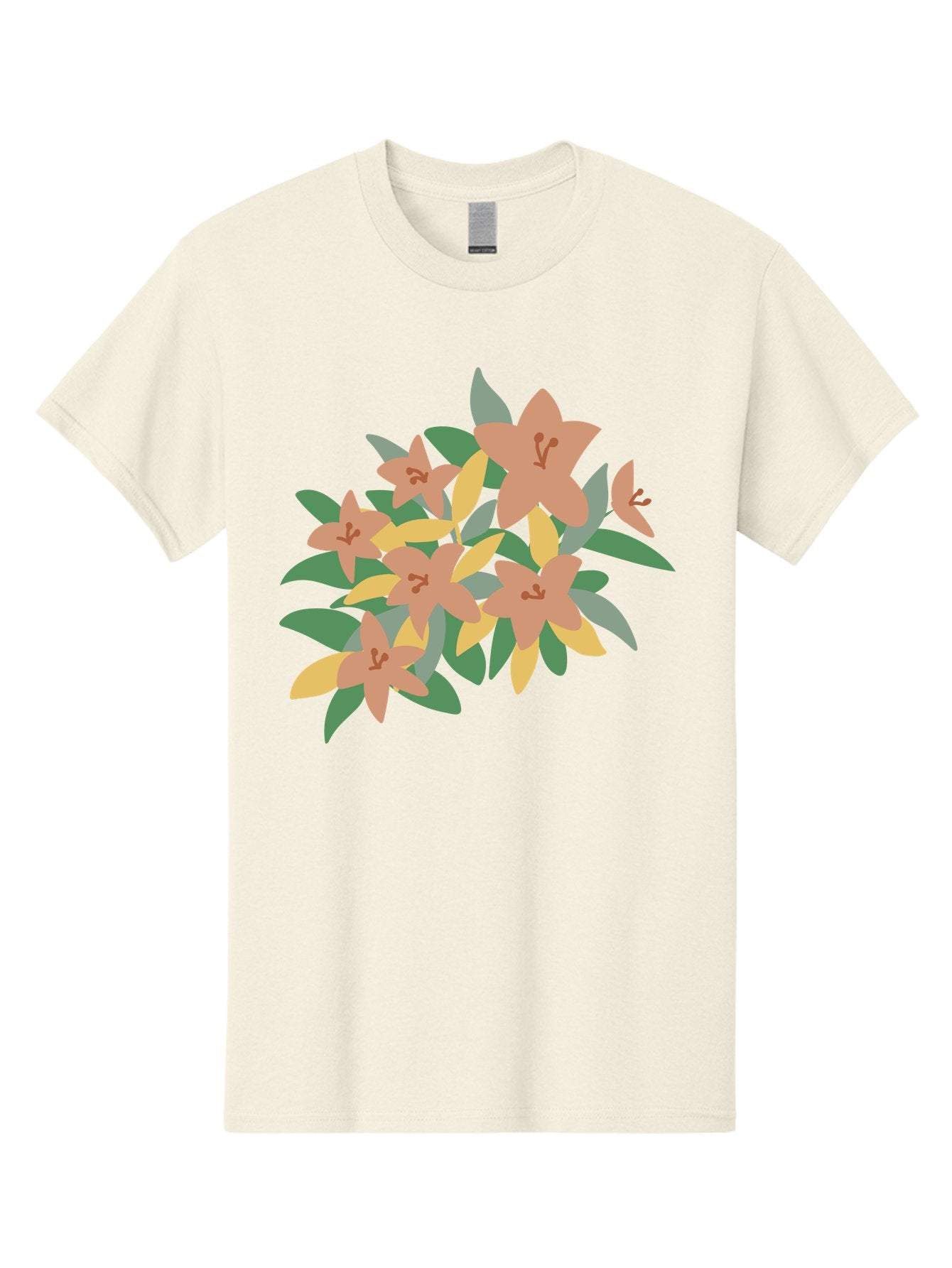 Lilies Men'S Graphic Tee, 100% Cotton, Comfortable Casual Summer Wear, Machine Washable, Lilies, Flowers, Floral Arrangement, Peach-Colored Blooms, Green Leaves, Yellow Petals, Simple Illustration, Stylized Artwork, Digital Art, Aae029 11