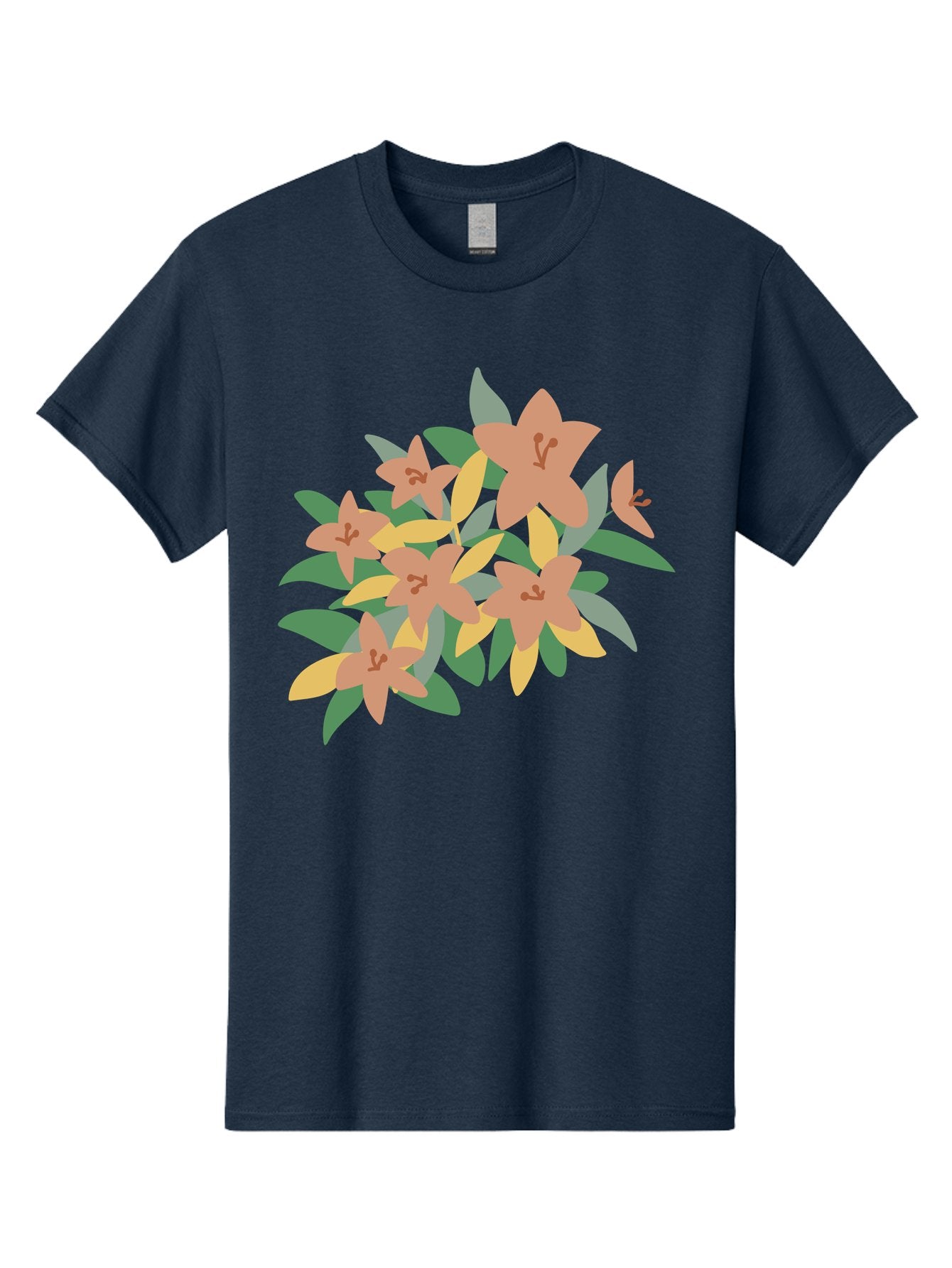 Lilies Men'S Graphic Tee, 100% Cotton, Comfortable Casual Summer Wear, Machine Washable, Lilies, Flowers, Floral Arrangement, Peach-Colored Blooms, Green Leaves, Yellow Petals, Simple Illustration, Stylized Artwork, Digital Art, Aae029