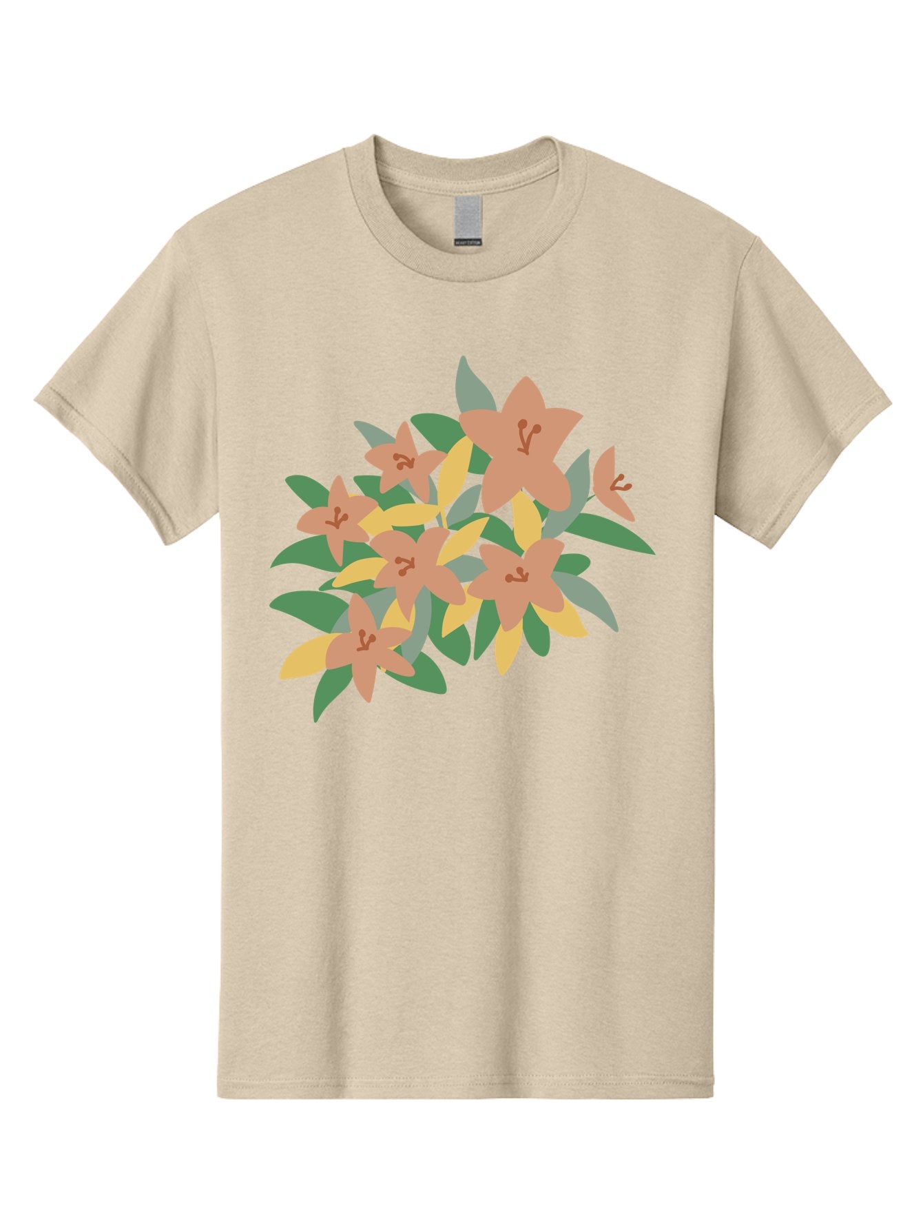 Lilies Men'S Graphic Tee, 100% Cotton, Comfortable Casual Summer Wear, Machine Washable, Lilies, Flowers, Floral Arrangement, Peach-Colored Blooms, Green Leaves, Yellow Petals, Simple Illustration, Stylized Artwork, Digital Art, Aae029