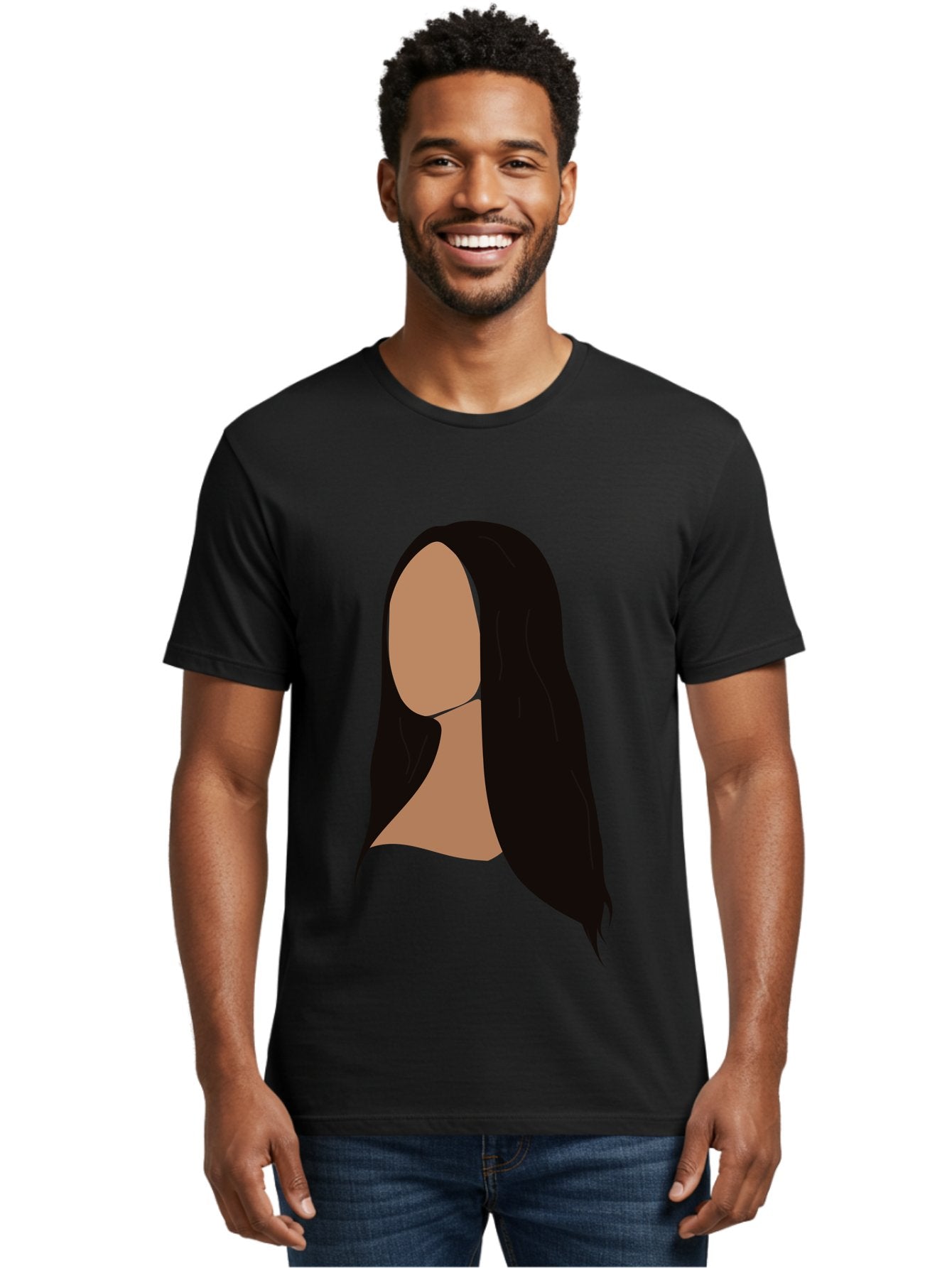 Long-Black-Hair Men'S Graphic Tee, 100% Cotton, Comfortable Casual Summer Wear, Machine Washable, Long Black Hair, Brunette, Female Silhouette, Faceless Portrait, Minimalist Art, Digital Illustration, Sleek Hairstyle, Straight Hair, Aae030 27