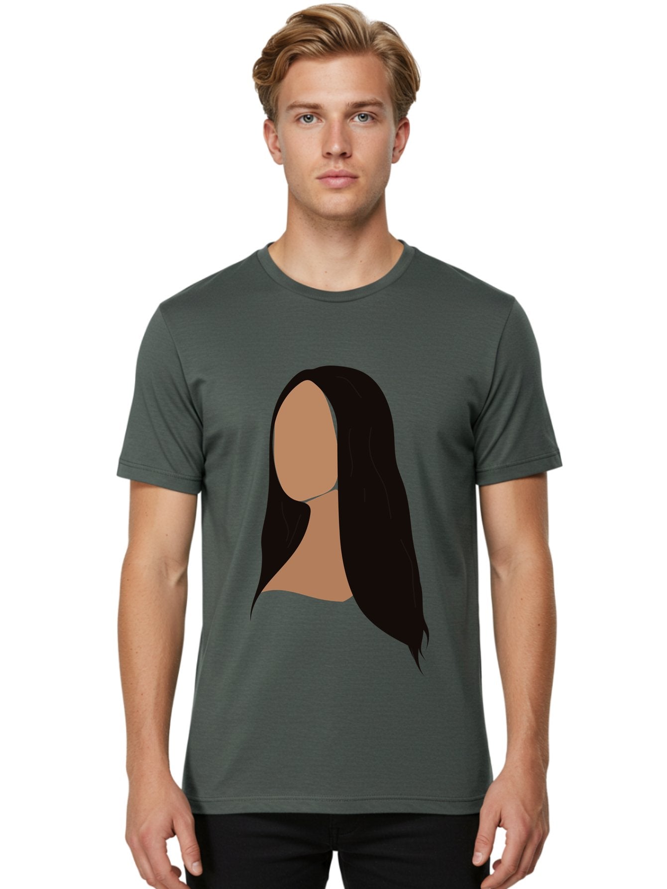 Long-Black-Hair Men'S Graphic Tee, 100% Cotton, Comfortable Casual Summer Wear, Machine Washable, Long Black Hair, Brunette, Female Silhouette, Faceless Portrait, Minimalist Art, Digital Illustration, Sleek Hairstyle, Straight Hair, Aae030 19