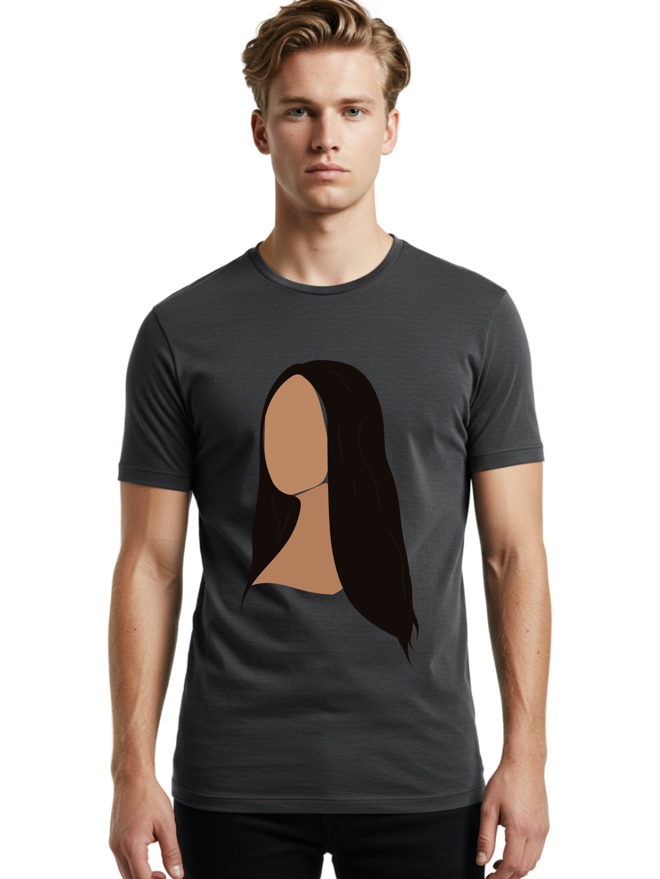 Long-Black-Hair Men'S Graphic Tee, 100% Cotton, Comfortable Casual Summer Wear, Machine Washable, Long Black Hair, Brunette, Female Silhouette, Faceless Portrait, Minimalist Art, Digital Illustration, Sleek Hairstyle, Straight Hair, Aae030 17