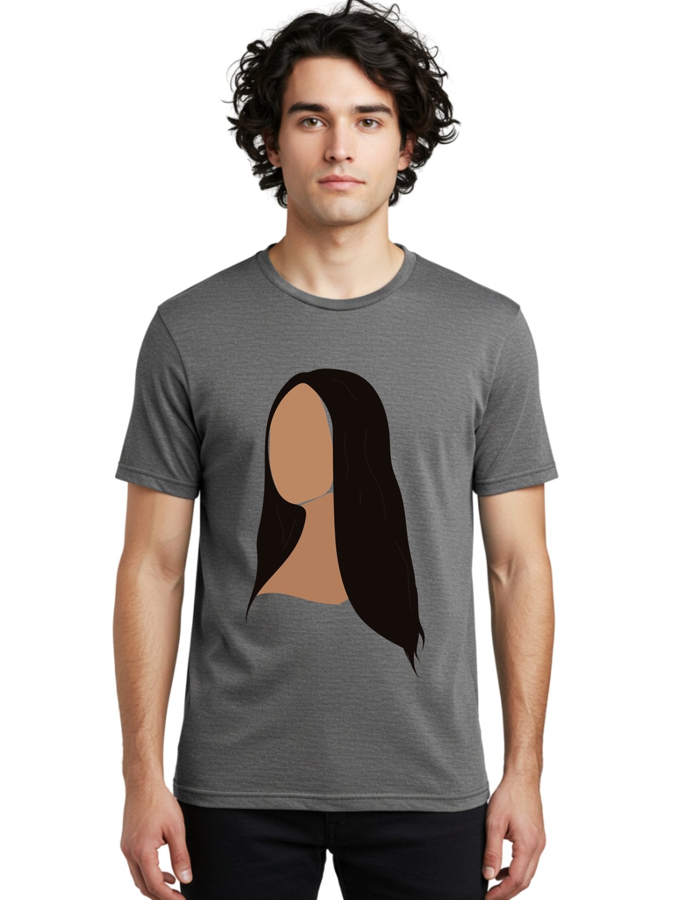 Long-Black-Hair Men'S Graphic Tee, 100% Cotton, Comfortable Casual Summer Wear, Machine Washable, Long Black Hair, Brunette, Female Silhouette, Faceless Portrait, Minimalist Art, Digital Illustration, Sleek Hairstyle, Straight Hair, Aae030 30