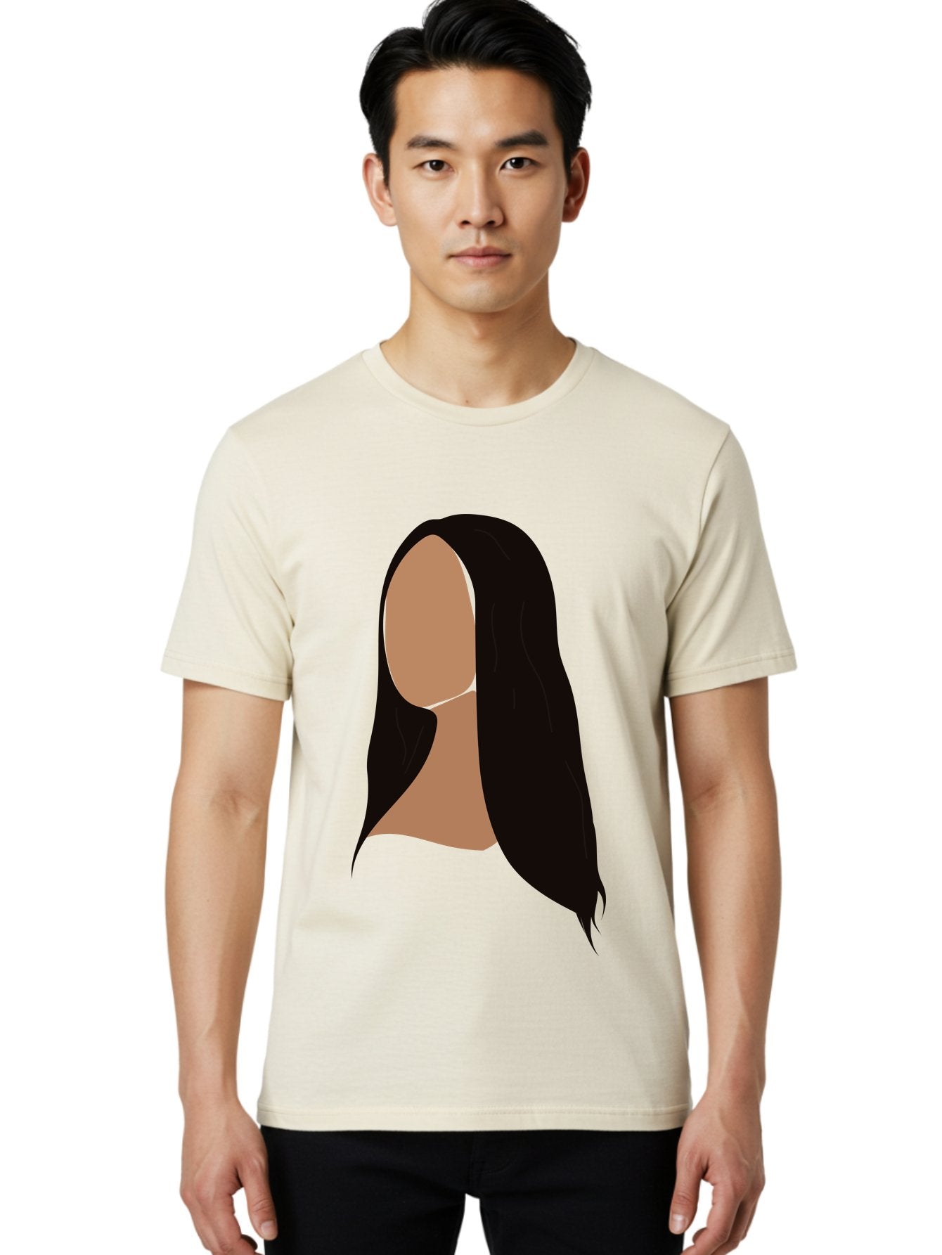 Long-Black-Hair Men'S Graphic Tee, 100% Cotton, Comfortable Casual Summer Wear, Machine Washable, Long Black Hair, Brunette, Female Silhouette, Faceless Portrait, Minimalist Art, Digital Illustration, Sleek Hairstyle, Straight Hair, Aae030 25
