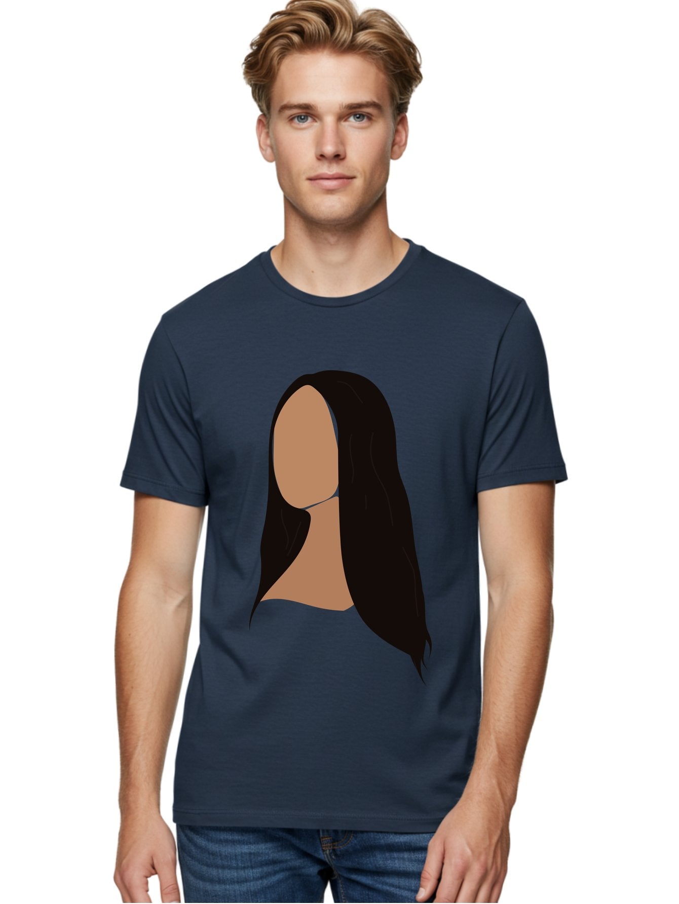 Long-Black-Hair Men'S Graphic Tee, 100% Cotton, Comfortable Casual Summer Wear, Machine Washable, Long Black Hair, Brunette, Female Silhouette, Faceless Portrait, Minimalist Art, Digital Illustration, Sleek Hairstyle, Straight Hair, Aae030 23
