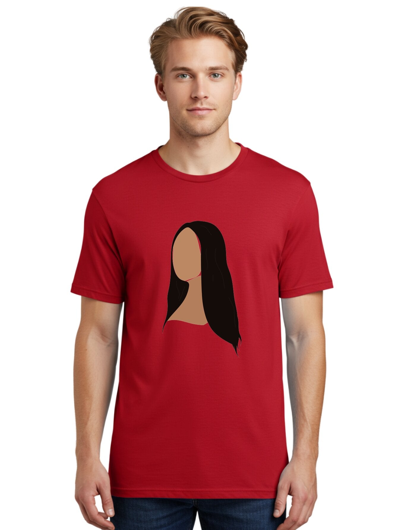 Long-Black-Hair Men'S Graphic Tee, 100% Cotton, Comfortable Casual Summer Wear, Machine Washable, Long Black Hair, Brunette, Female Silhouette, Faceless Portrait, Minimalist Art, Digital Illustration, Sleek Hairstyle, Straight Hair, Aae030 21
