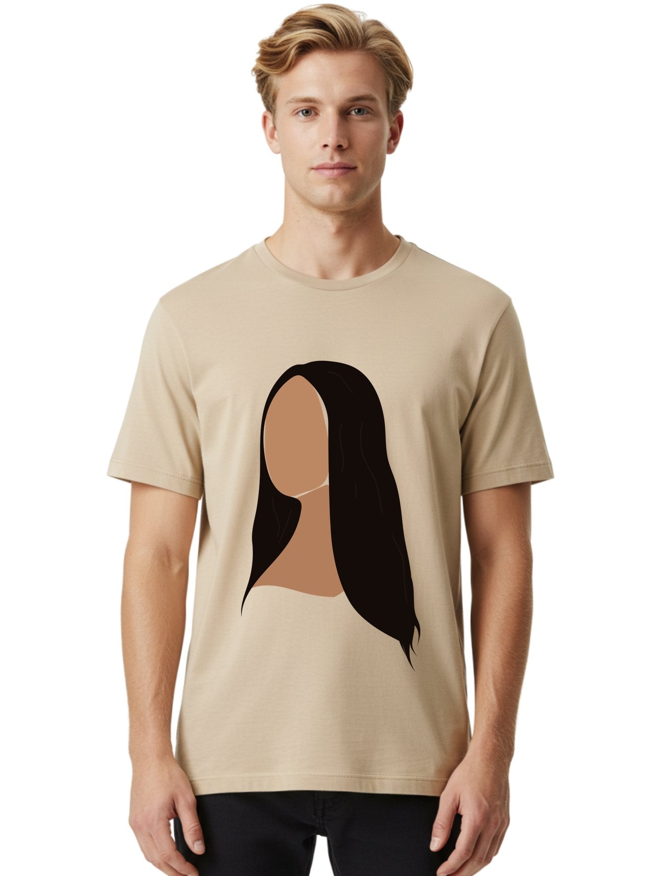 Long-Black-Hair Men'S Graphic Tee, 100% Cotton, Comfortable Casual Summer Wear, Machine Washable, Long Black Hair, Brunette, Female Silhouette, Faceless Portrait, Minimalist Art, Digital Illustration, Sleek Hairstyle, Straight Hair, Aae030 28