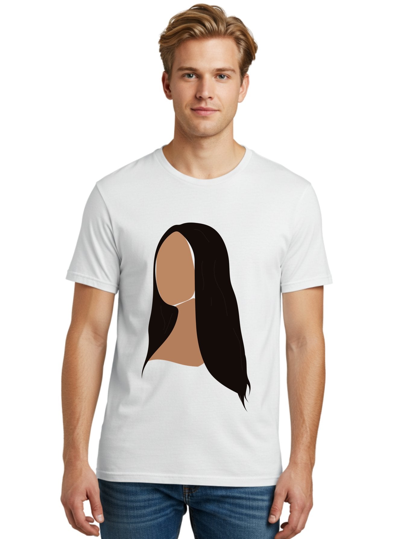 Long-Black-Hair Men'S Graphic Tee, 100% Cotton, Comfortable Casual Summer Wear, Machine Washable, Long Black Hair, Brunette, Female Silhouette, Faceless Portrait, Minimalist Art, Digital Illustration, Sleek Hairstyle, Straight Hair, Aae030 20