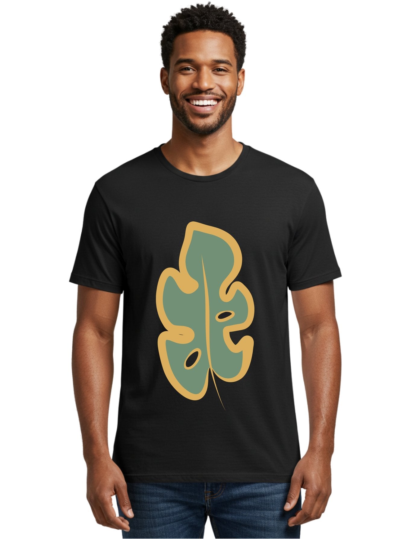 Monstera-Leaf Men'S Graphic Tee, 100% Cotton, Comfortable Casual Summer Wear, Machine Washable, Simple Leaf Illustration, Minimalist Art, Gray And Yellow Colors, Natural Shapes, Organic Design, Botanical Elements, Leaf Pattern Aae031 27