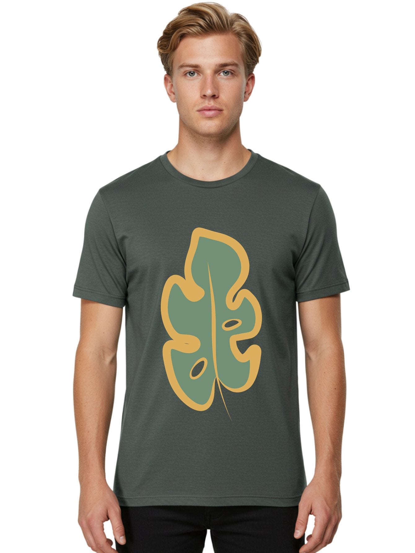 Monstera-Leaf Men'S Graphic Tee, 100% Cotton, Comfortable Casual Summer Wear, Machine Washable, Simple Leaf Illustration, Minimalist Art, Gray And Yellow Colors, Natural Shapes, Organic Design, Botanical Elements, Leaf Pattern Aae031 18