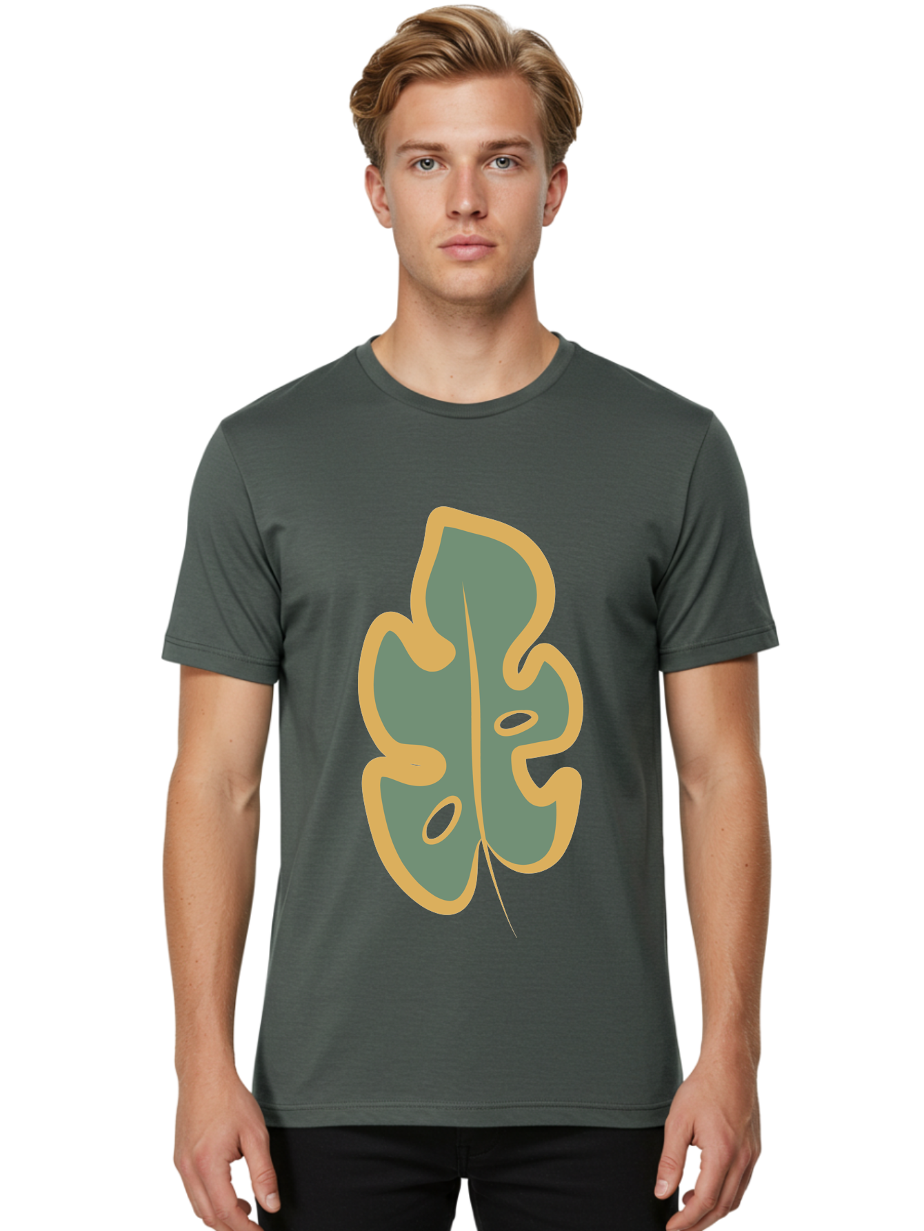 Monstera-Leaf Men'S Graphic Tee, 100% Cotton, Comfortable Casual Summer Wear, Machine Washable, Simple Leaf Illustration, Minimalist Art, Gray And Yellow Colors, Natural Shapes, Organic Design, Botanical Elements, Leaf Pattern Aae031 24