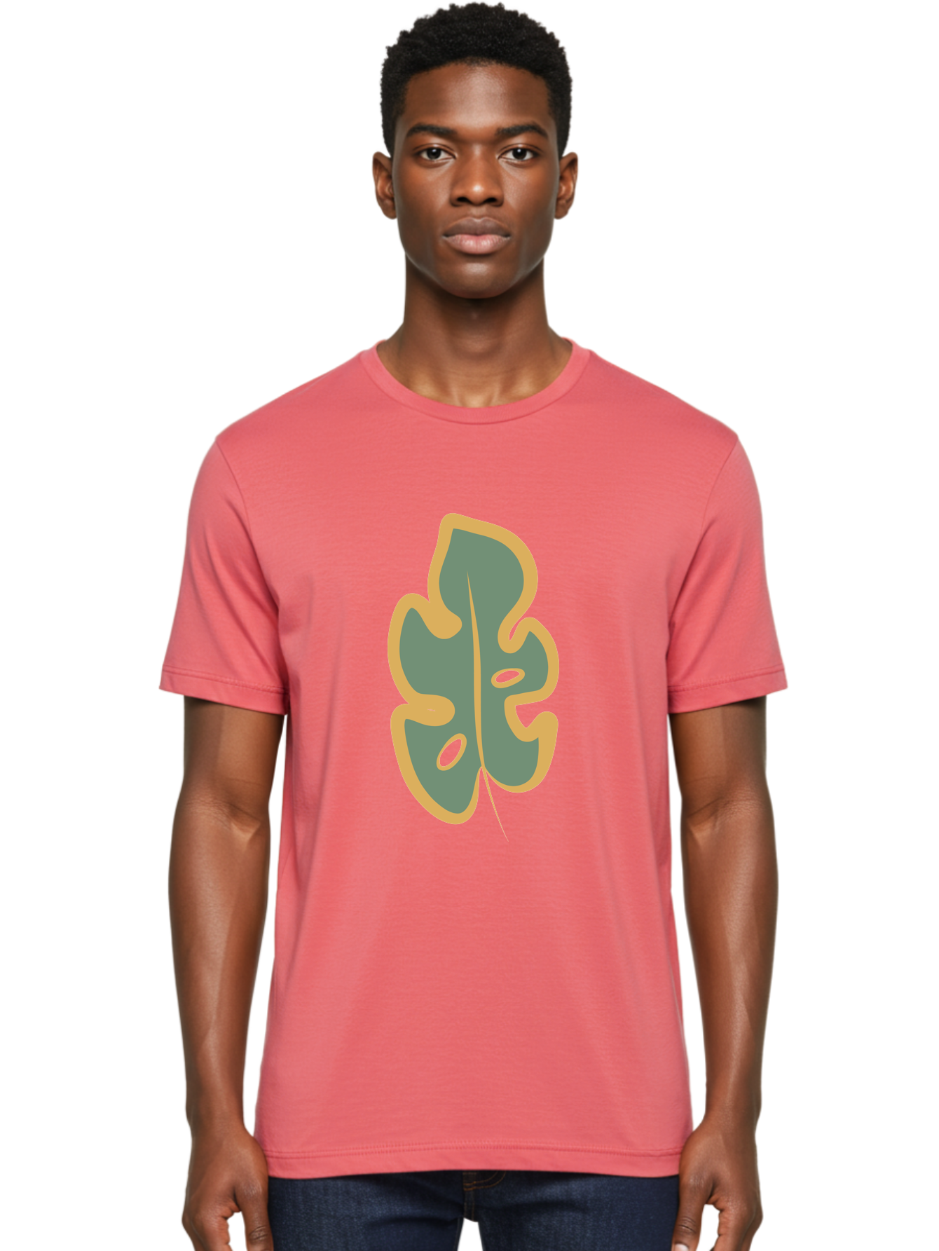 Monstera-Leaf Men'S Graphic Tee, 100% Cotton, Comfortable Casual Summer Wear, Machine Washable, Simple Leaf Illustration, Minimalist Art, Gray And Yellow Colors, Natural Shapes, Organic Design, Botanical Elements, Leaf Pattern Aae031