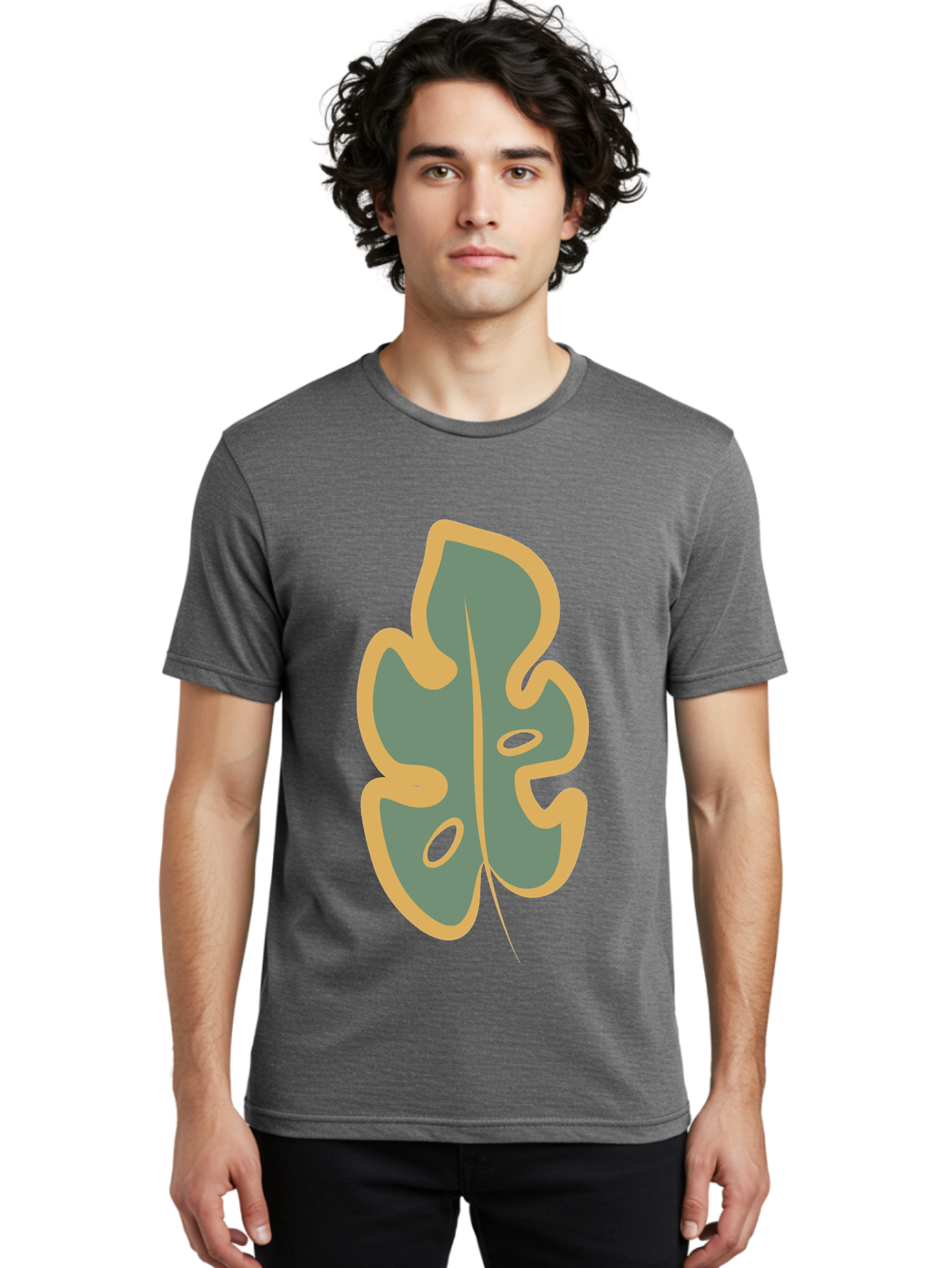 Monstera-Leaf Men'S Graphic Tee, 100% Cotton, Comfortable Casual Summer Wear, Machine Washable, Simple Leaf Illustration, Minimalist Art, Gray And Yellow Colors, Natural Shapes, Organic Design, Botanical Elements, Leaf Pattern Aae031 18