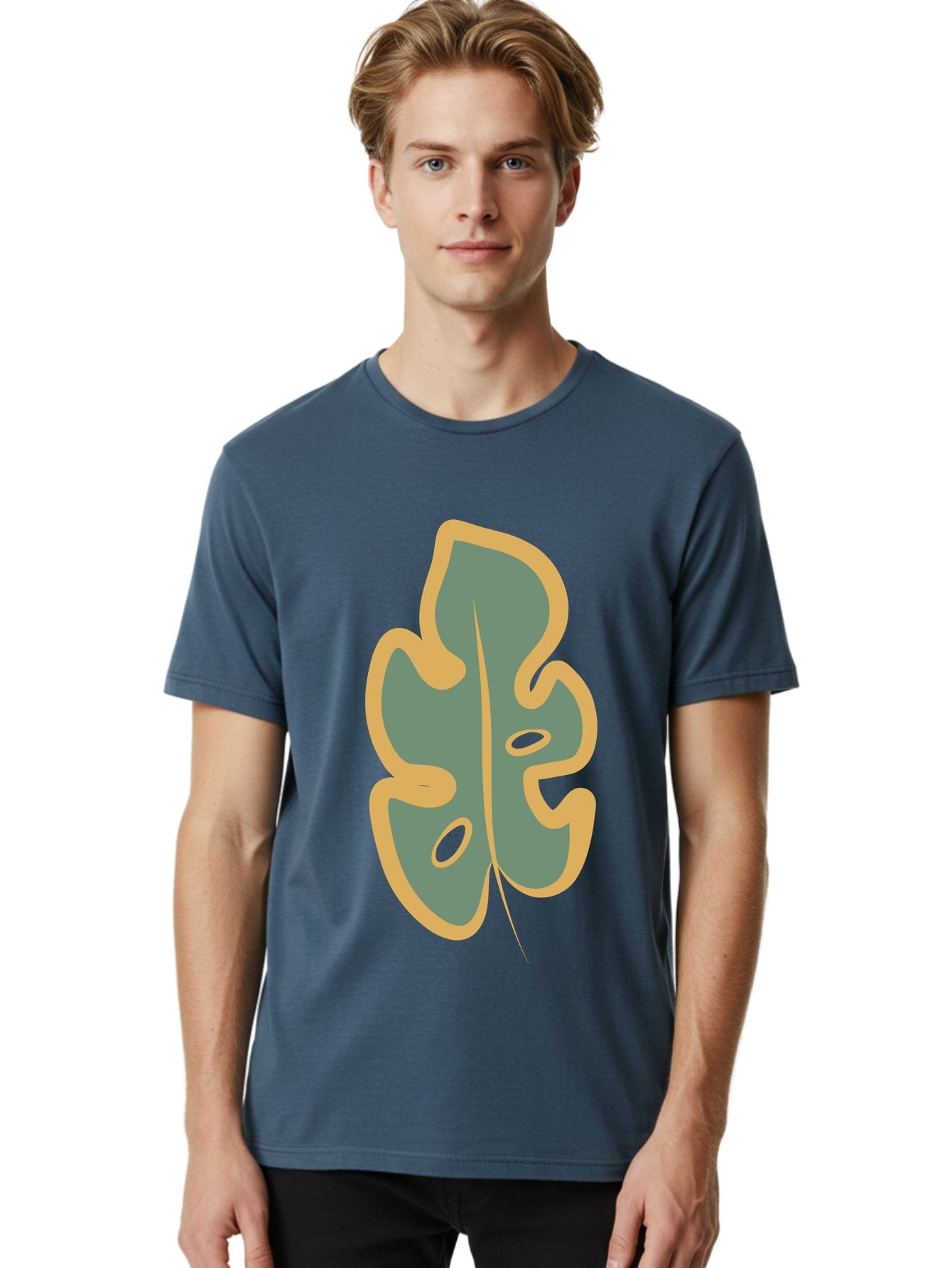 Monstera-Leaf Men'S Graphic Tee, 100% Cotton, Comfortable Casual Summer Wear, Machine Washable, Simple Leaf Illustration, Minimalist Art, Gray And Yellow Colors, Natural Shapes, Organic Design, Botanical Elements, Leaf Pattern Aae031 23